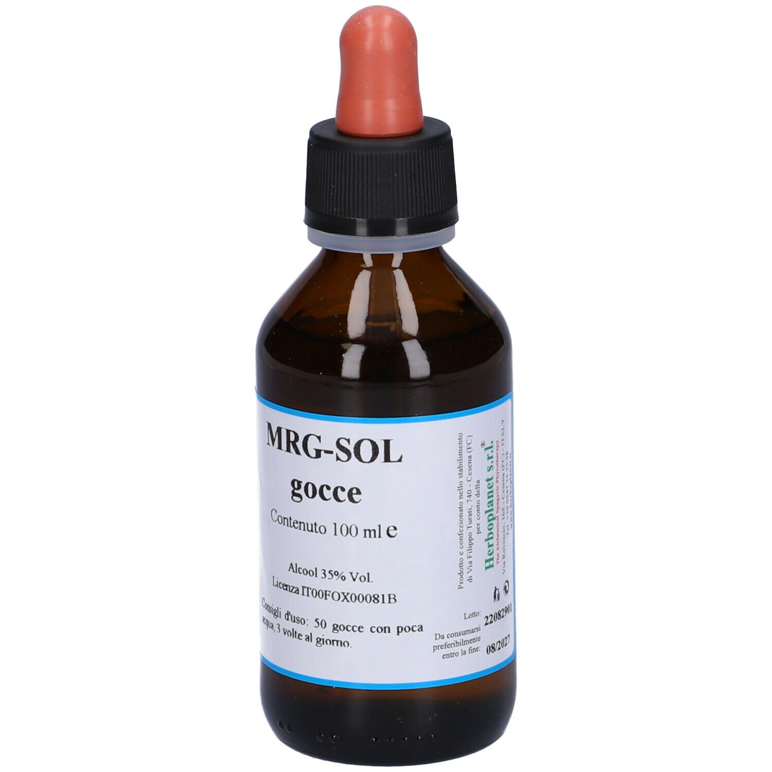 Flacone di vetro marrone con tappo nero e pipetta rossa. Scritta: MRG-SOL gocce, testo.