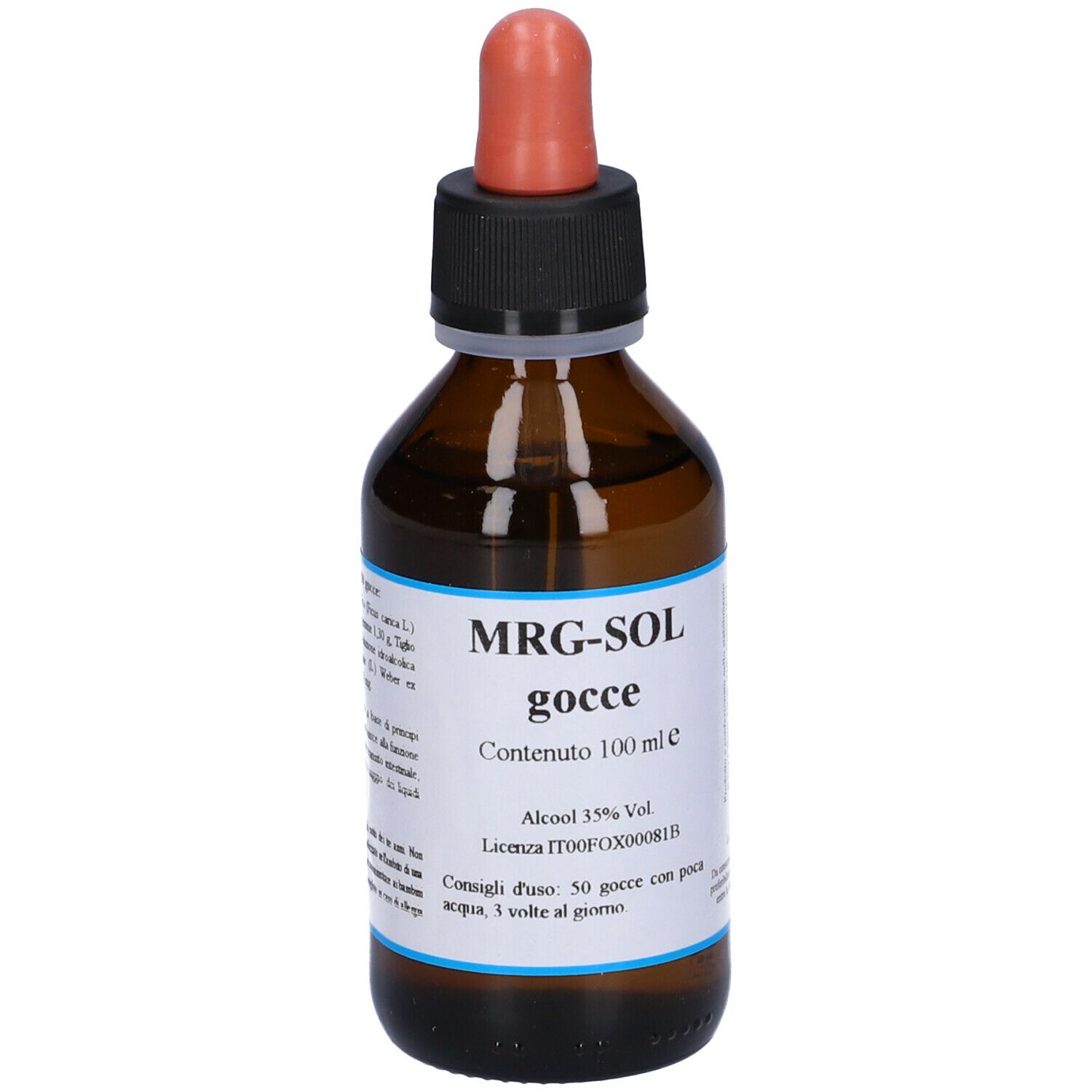 Flacone di vetro marrone con tappo nero e pipetta rossa. Scritta: MRG-SOL gocce, testo.