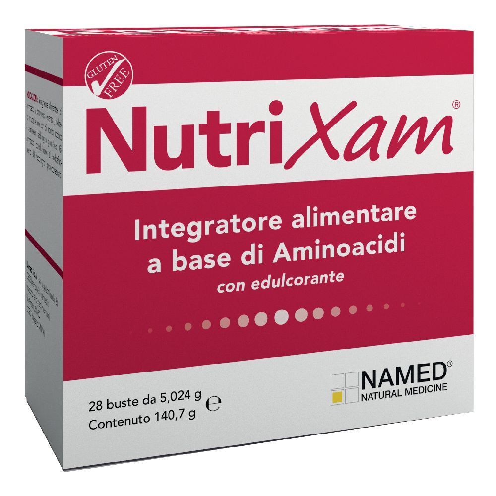 Rote Schachtel mit "Nutrixam"-Logo. Enthält 28 Beutel. "Glutenfrei"-Logo. Marke: NAMED® Natural Medicine.