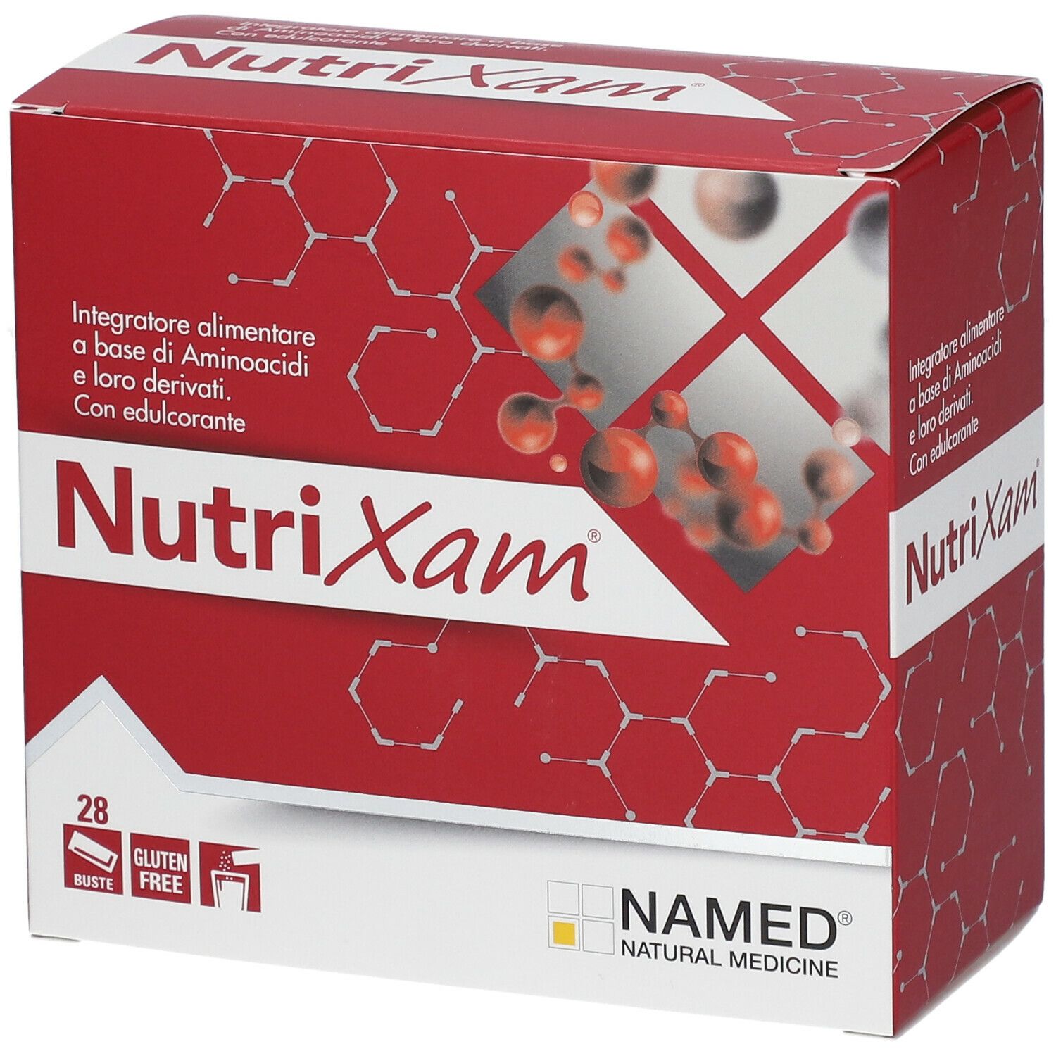 Rote Schachtel mit "Nutrixam"-Logo. Enthält 28 Beutel. "Glutenfrei"-Logo. Marke: NAMED® Natural Medicine.
