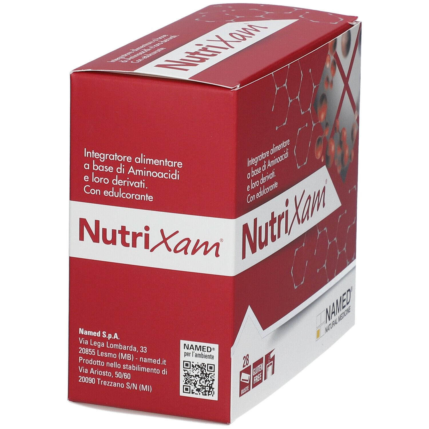 Rote Schachtel mit "Nutrixam"-Logo. Enthält 28 Beutel. "Glutenfrei"-Logo. Marke: NAMED® Natural Medicine.