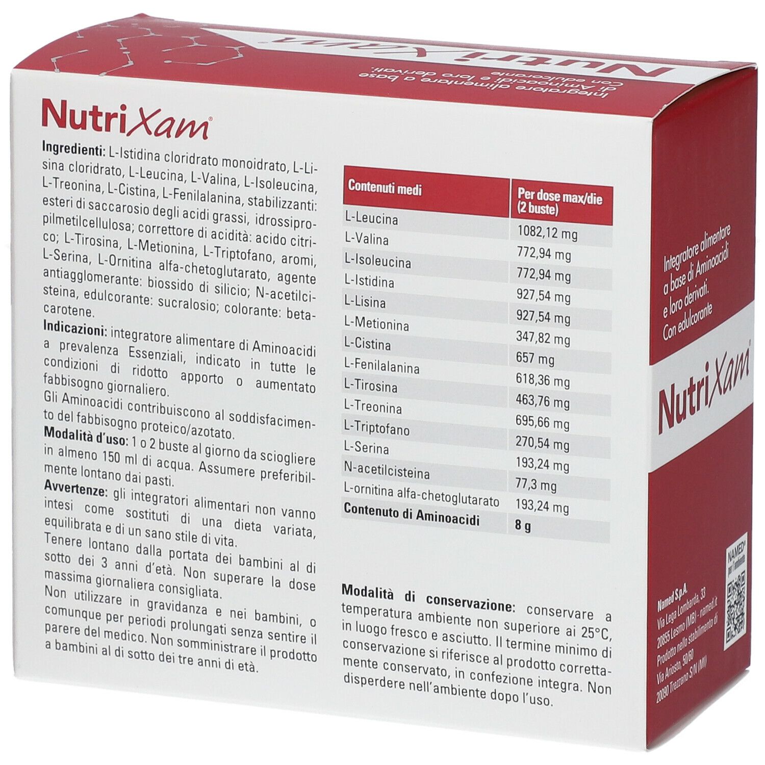 Rote Schachtel mit "Nutrixam"-Logo. Enthält 28 Beutel. "Glutenfrei"-Logo. Marke: NAMED® Natural Medicine.