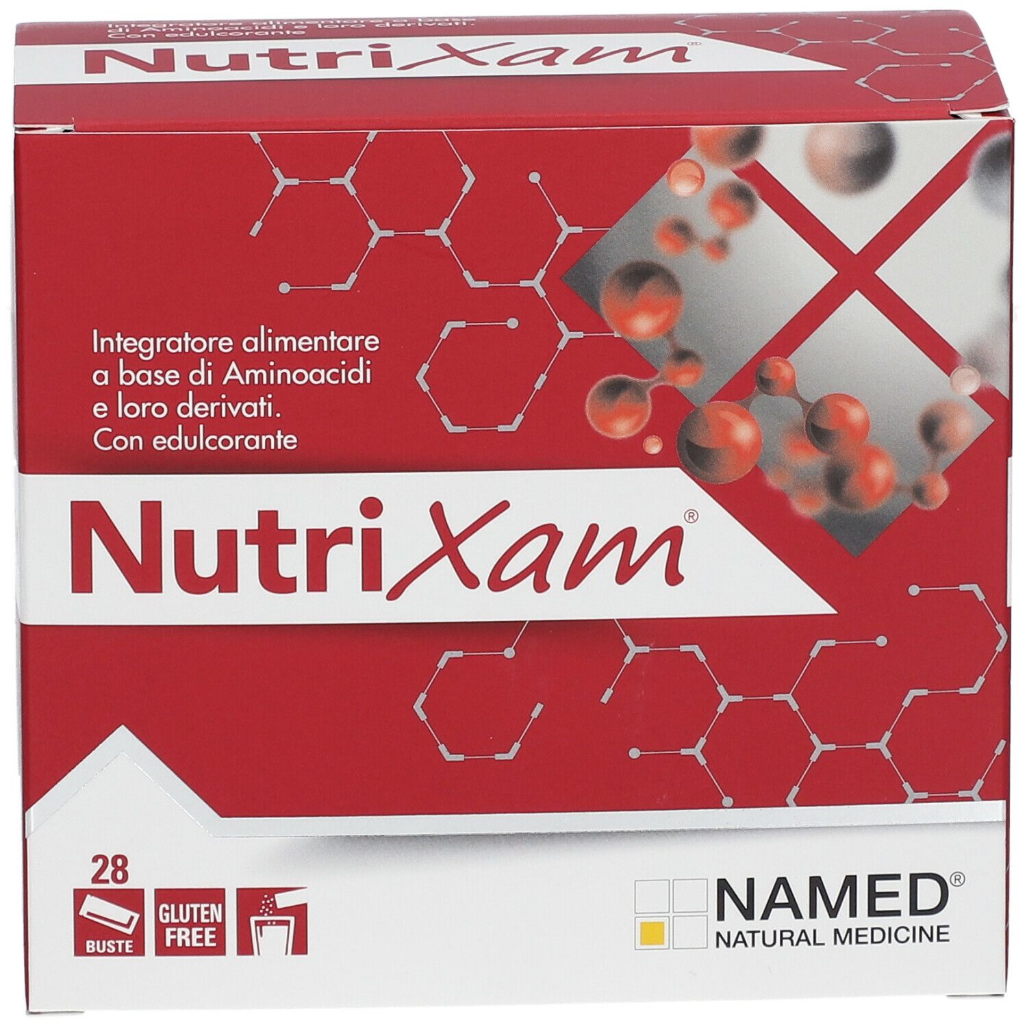 Rote Schachtel mit "Nutrixam"-Logo. Enthält 28 Beutel. "Glutenfrei"-Logo. Marke: NAMED® Natural Medicine.