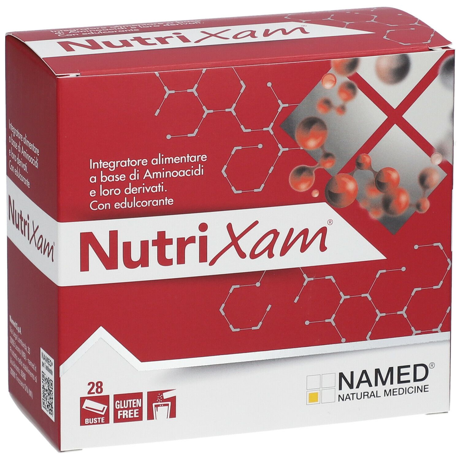 Rote Schachtel mit "Nutrixam"-Logo. Enthält 28 Beutel. "Glutenfrei"-Logo. Marke: NAMED® Natural Medicine.