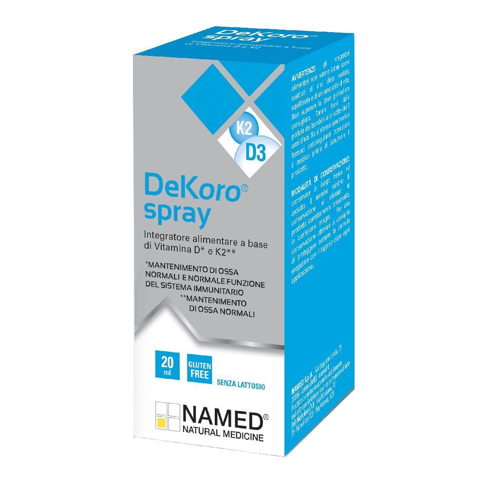 Scatola di DeKoro® spray. Scritto: K2 D3, 20 ml, senza glutine, senza lattosio. Marchio: NAMED® Natural Medicine.