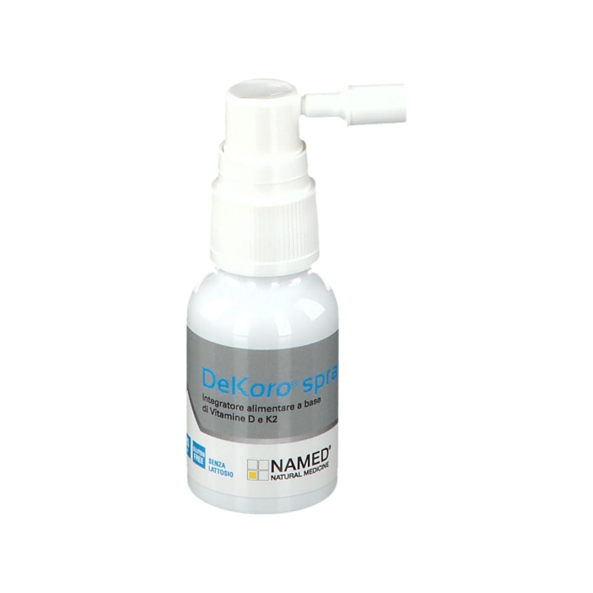 Flacone spray bianco di DeKoro® spray. Con erogatore. Marchio: NAMED® Natural Medicine.