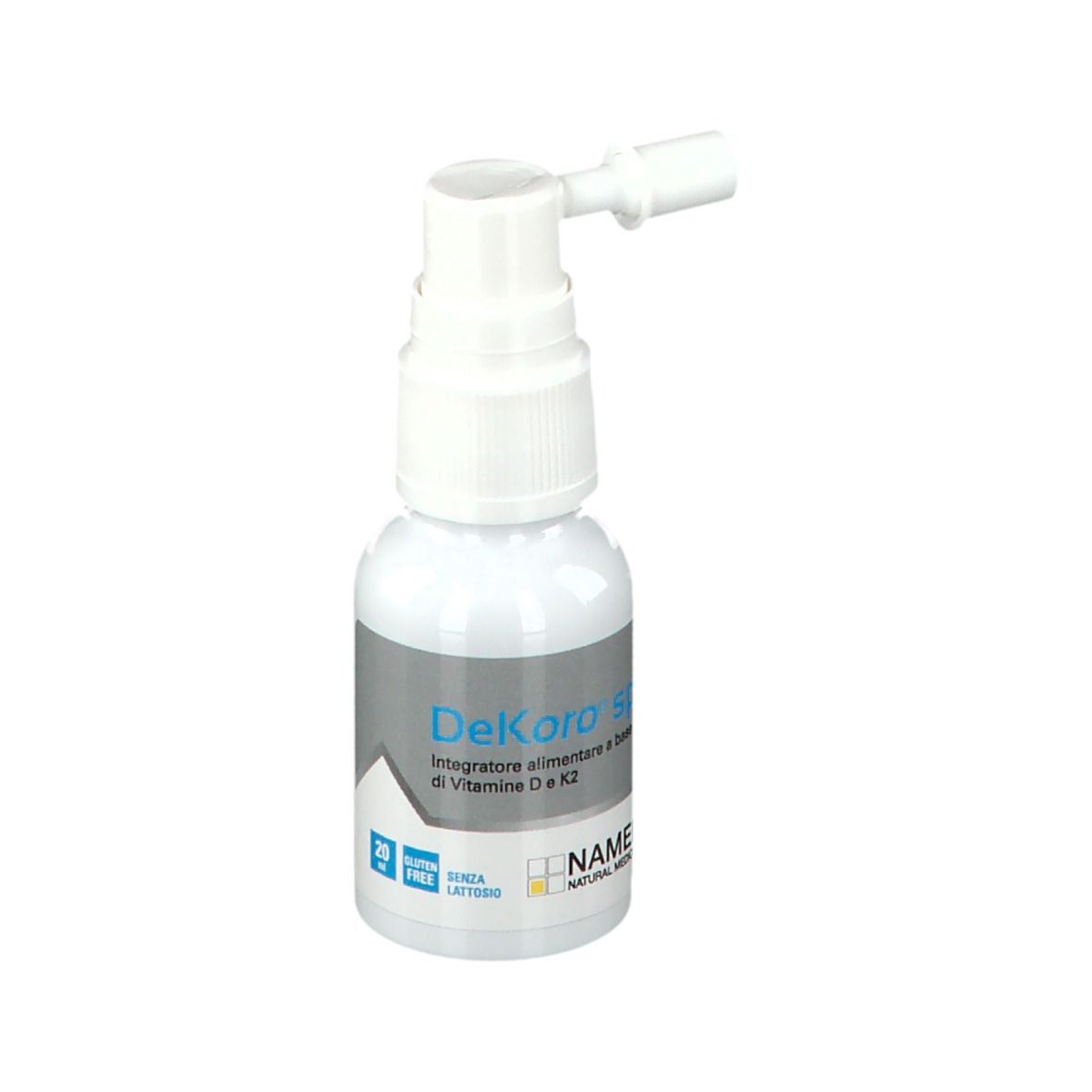 Flacone spray bianco di DeKoro® spray. Con erogatore. Scritto: 20 ml, senza glutine, senza lattosio. Marchio: NAMED®.