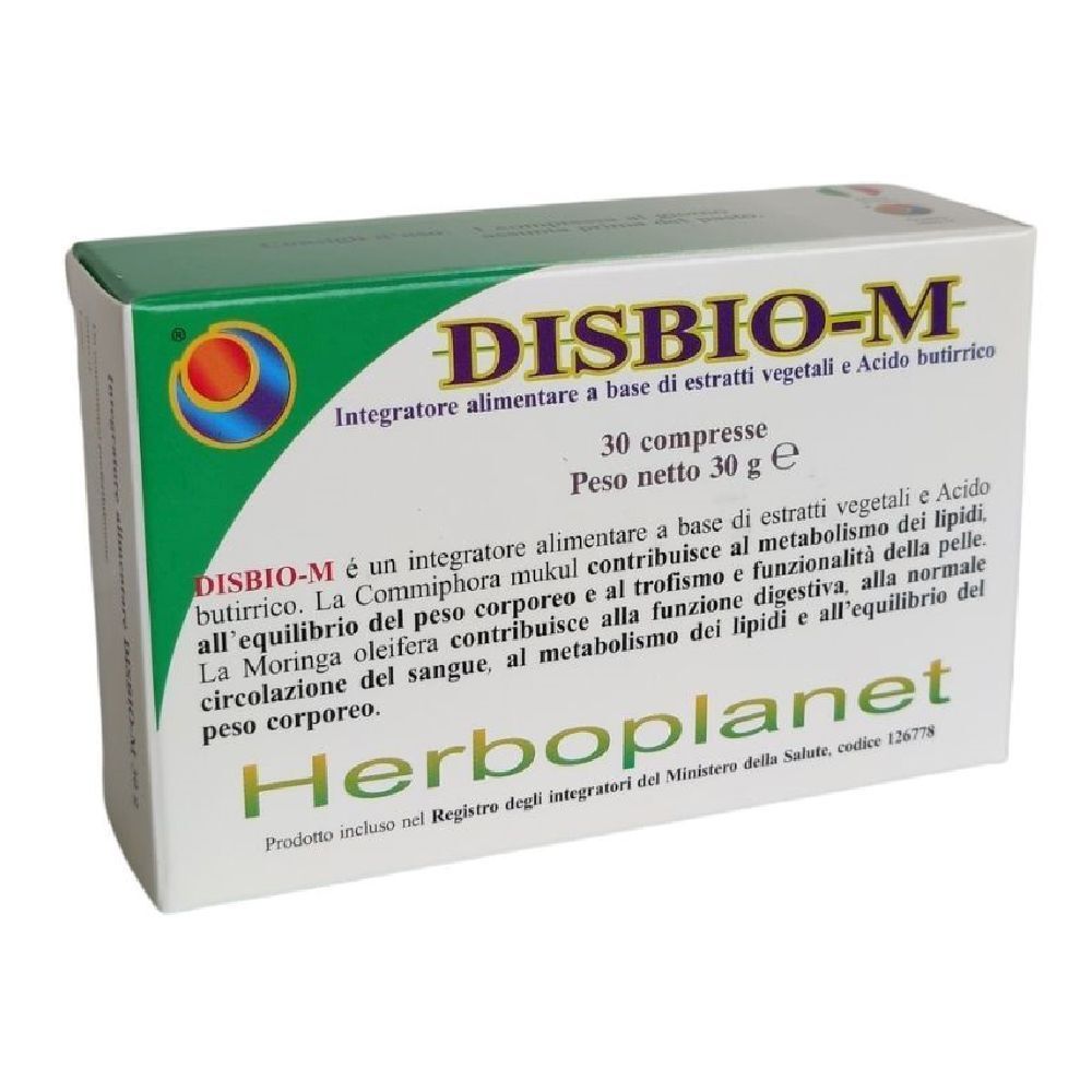Scatola "DISBIO-M" con 30 compresse. Testo in italiano. Marca: Herboplanet.