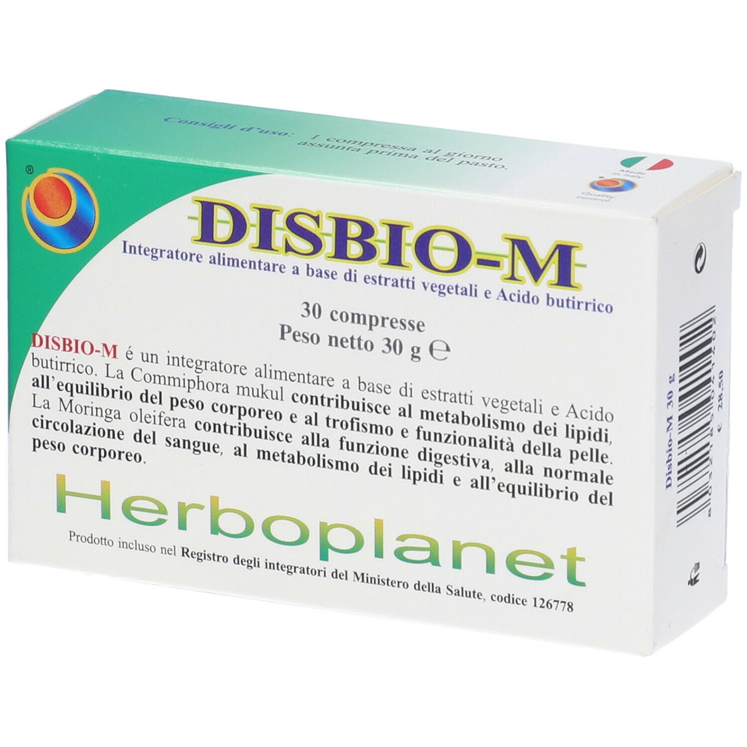 Scatola "DISBIO-M" con 30 compresse. Testo in italiano. Marca: Herboplanet. Vista prospettica.