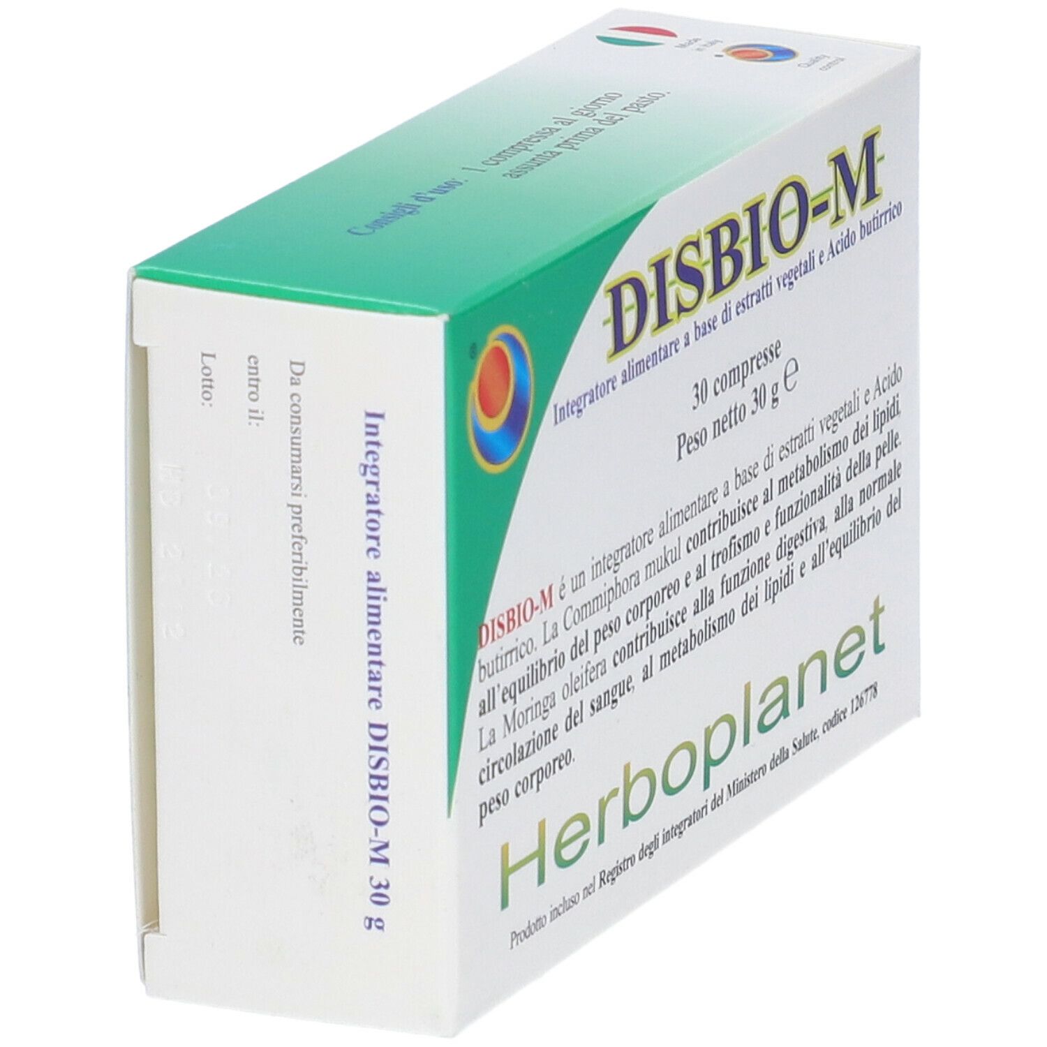 Scatola "DISBIO-M" con 30 compresse. Testo in italiano. Marca: Herboplanet. Vista prospettica.