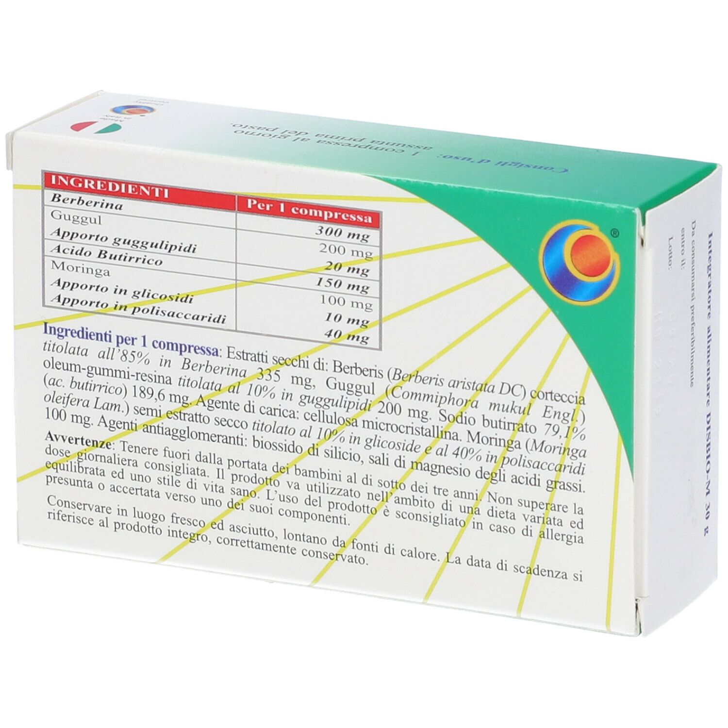 Retro della scatola "DISBIO-M". Contiene ingredienti e informazioni nutrizionali. Testo in italiano.
