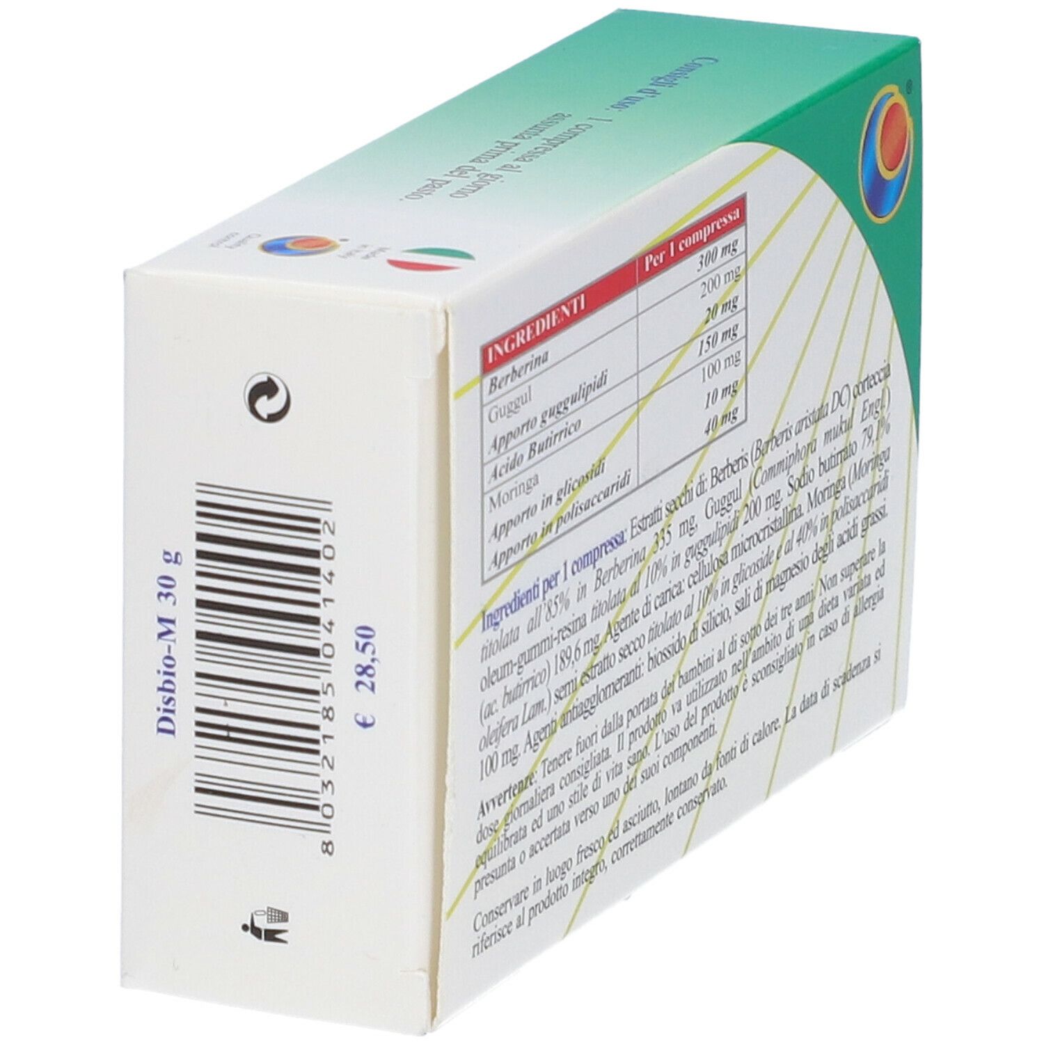 Scatola "DISBIO-M" con codice a barre e prezzo. Testo in italiano. Marca: Herboplanet.