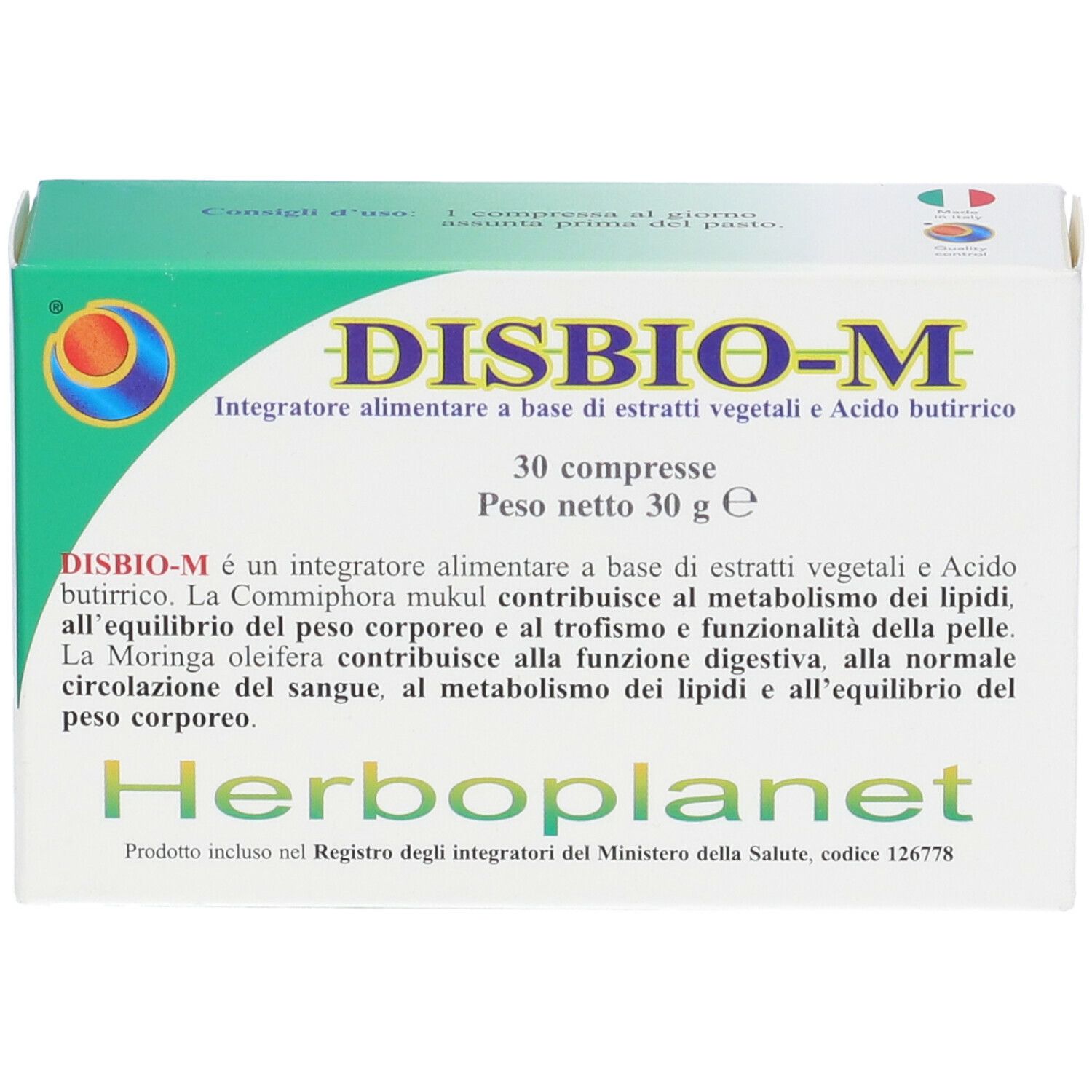 Scatola "DISBIO-M" con 30 compresse. Testo in italiano. Marca: Herboplanet.