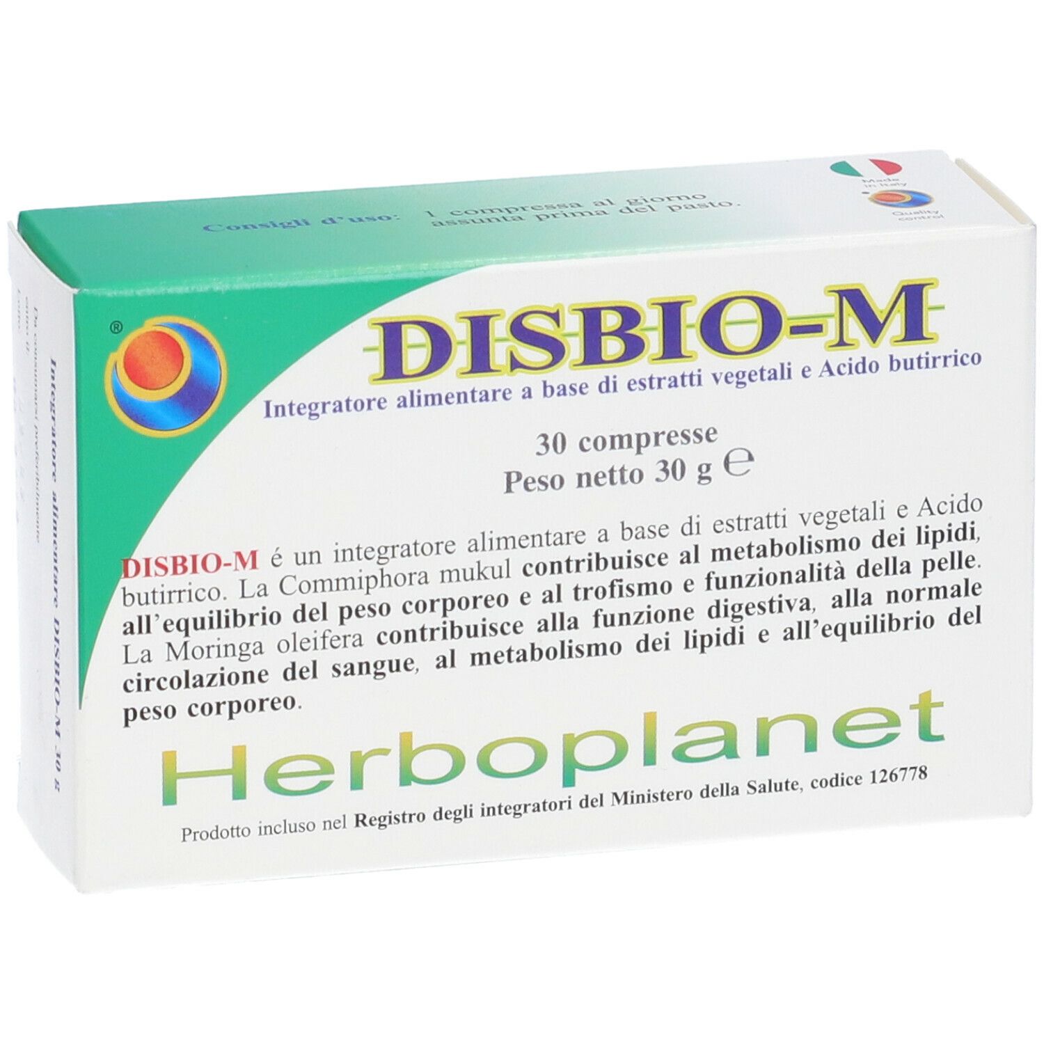 Scatola "DISBIO-M" con 30 compresse. Testo in italiano. Marca: Herboplanet.