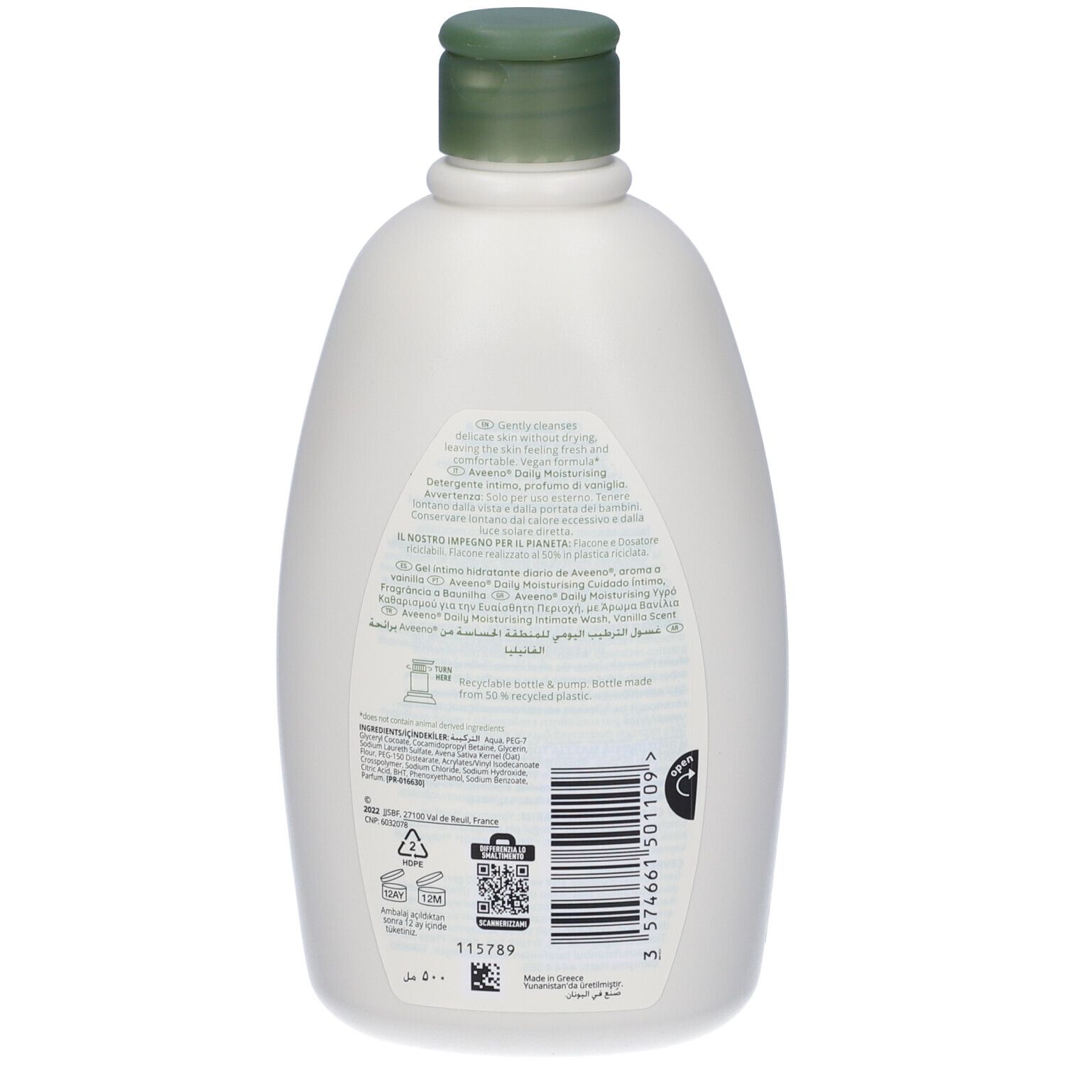 Retro di una bottiglia di Aveeno Daily Moisturising Intimate Wash. Sono stampate informazioni sul prodotto e sull'imballaggio.