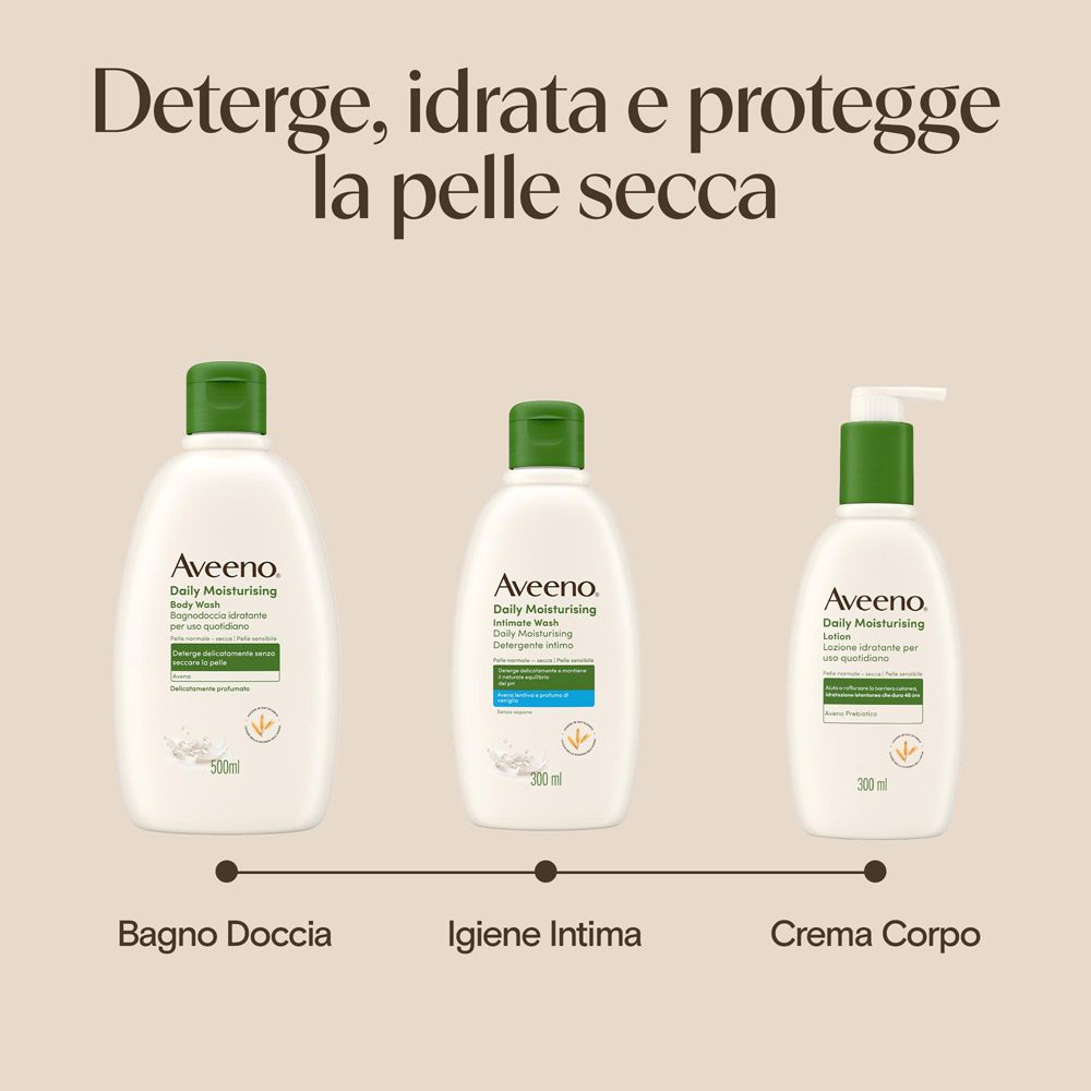 Drei Aveeno Körperpflegeprodukte: Duschgel, Intimpflege und Körpercreme in verschiedenen Größen.