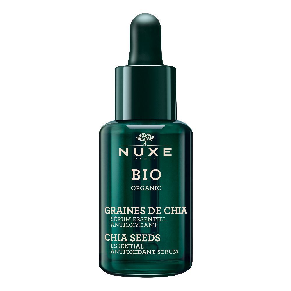 Flacon en verre vert avec pipette. Inscription : NUXE BIO, Chia Seeds, Sérum antioxydant.