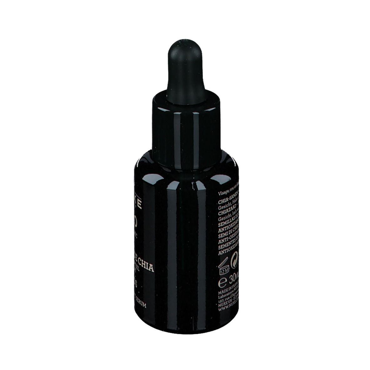 Flacon noir avec pipette. Inscription : NUXE BIO, Chia Seeds, Sérum antioxydant. Texte au dos.
