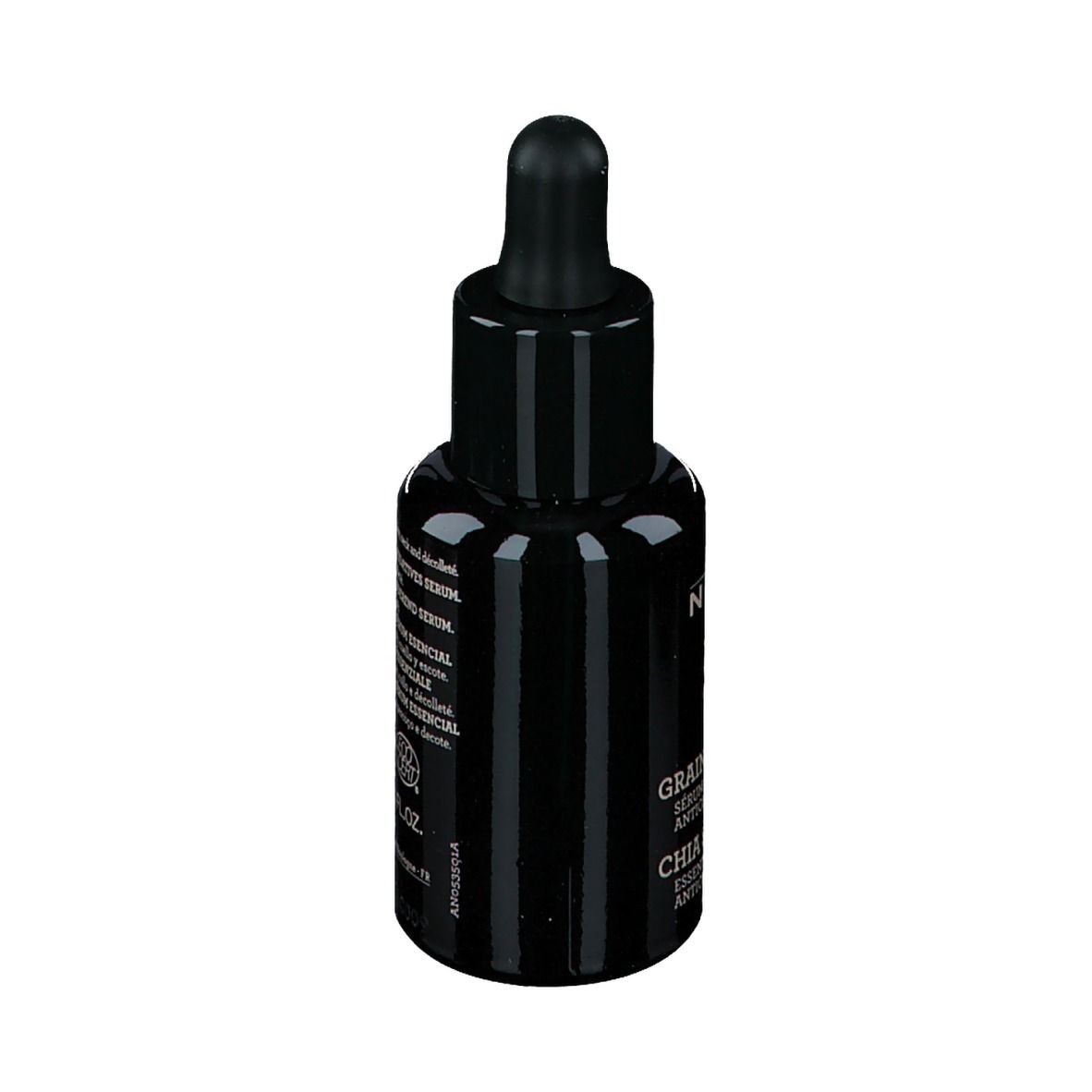 Flacon noir avec pipette. Inscription : NUXE BIO, Chia Seeds, Sérum antioxydant. Texte au dos.