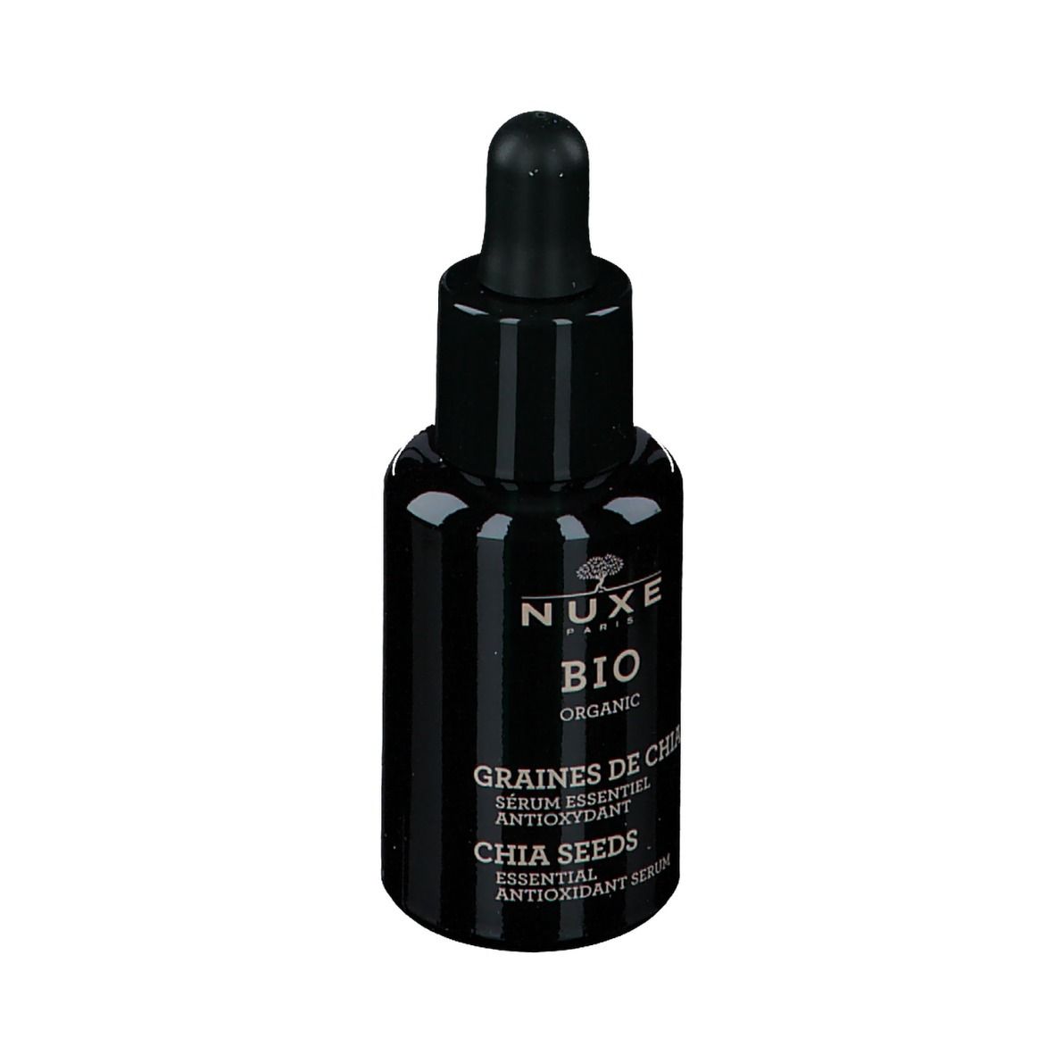 Flacon noir avec pipette. Inscription : NUXE BIO, Chia Seeds, Sérum antioxydant.