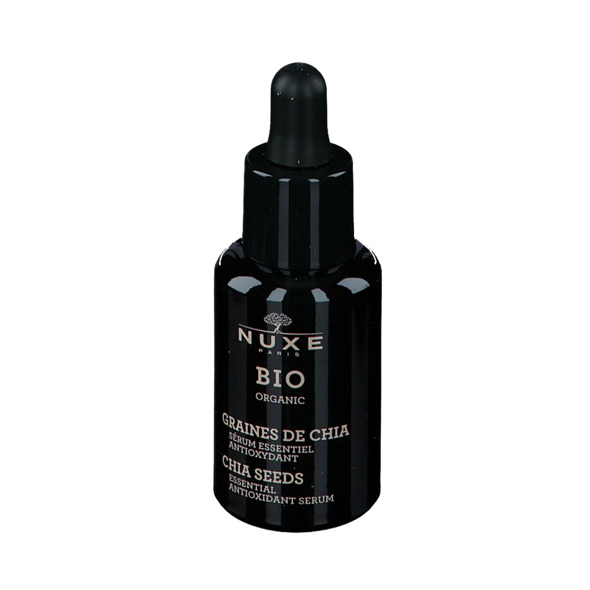 Flacon noir avec pipette. Inscription : NUXE BIO, Chia Seeds, Sérum antioxydant.