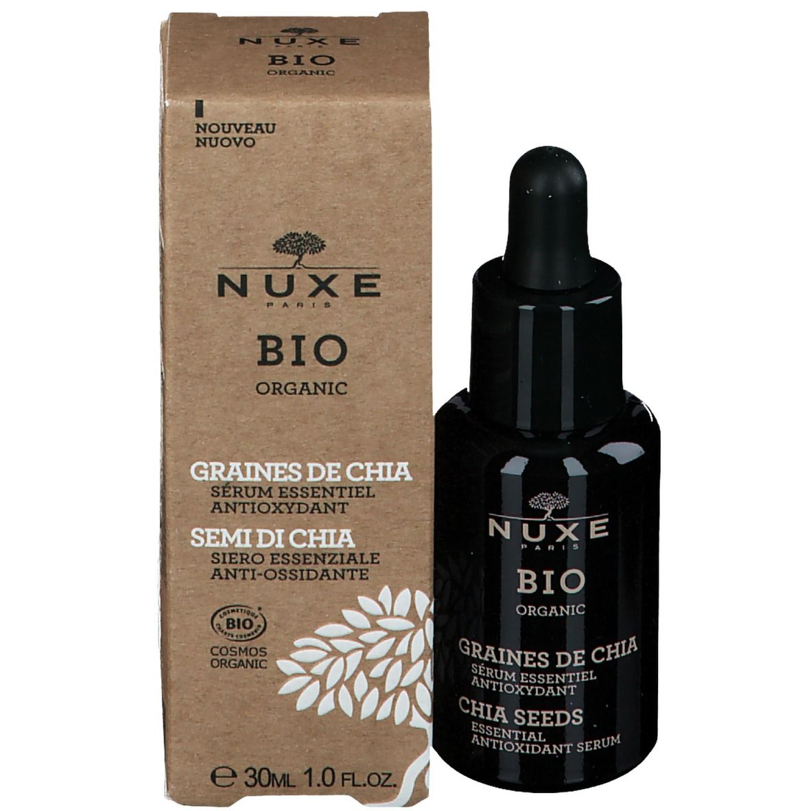 Emballage et flacon. Inscription : NUXE BIO, Chia Seeds, Sérum antioxydant. Avec certification.