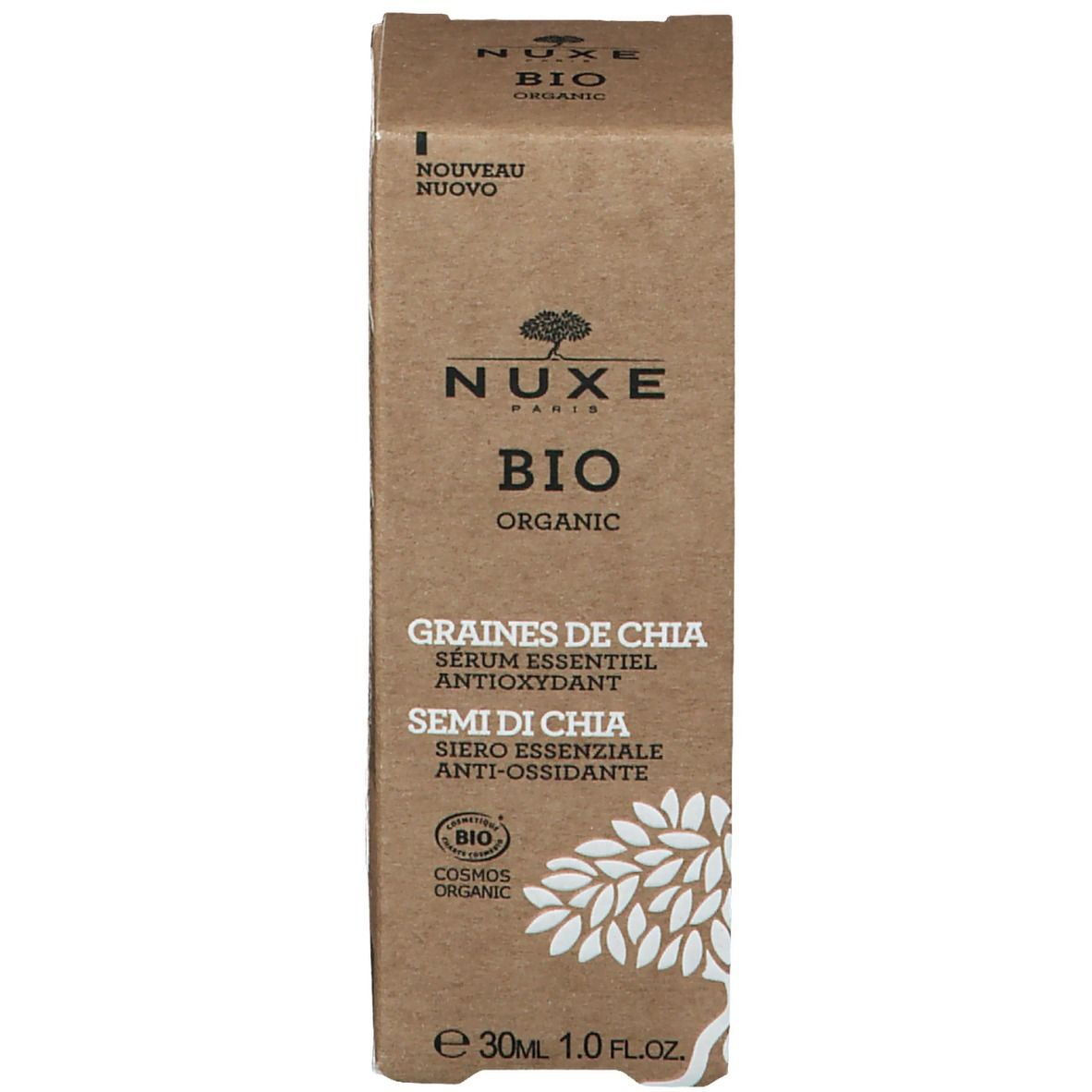 Emballage du produit. Inscription : NUXE BIO, Chia Seeds, Sérum antioxydant. Avec certification.