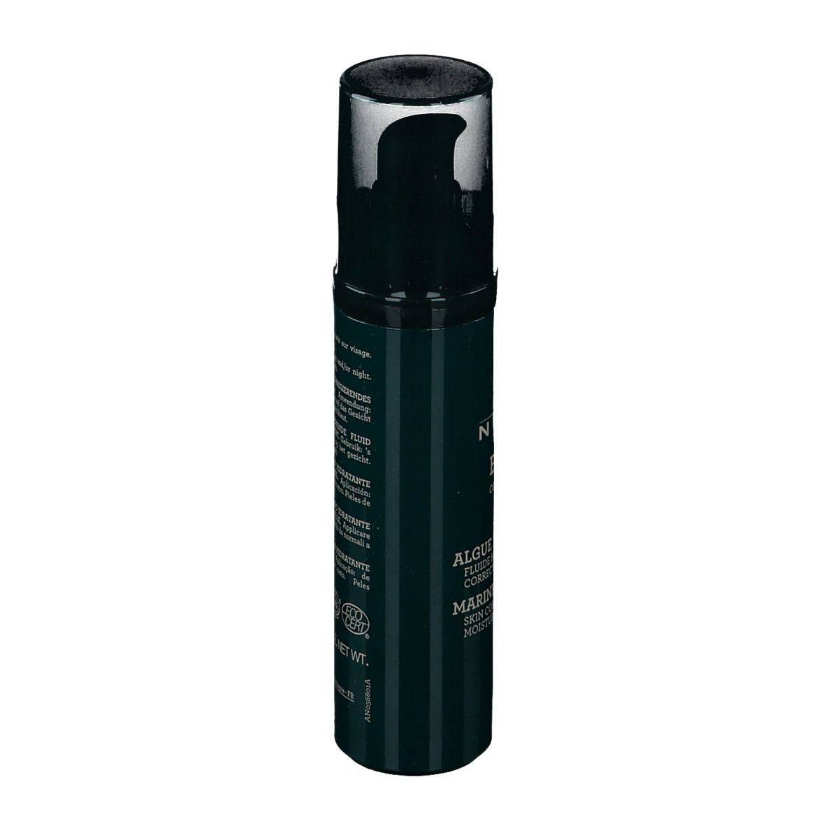 Flacon vert avec pompe noire. Inscription: NUXE BIO, Algue Marine, Marine Seaweed.