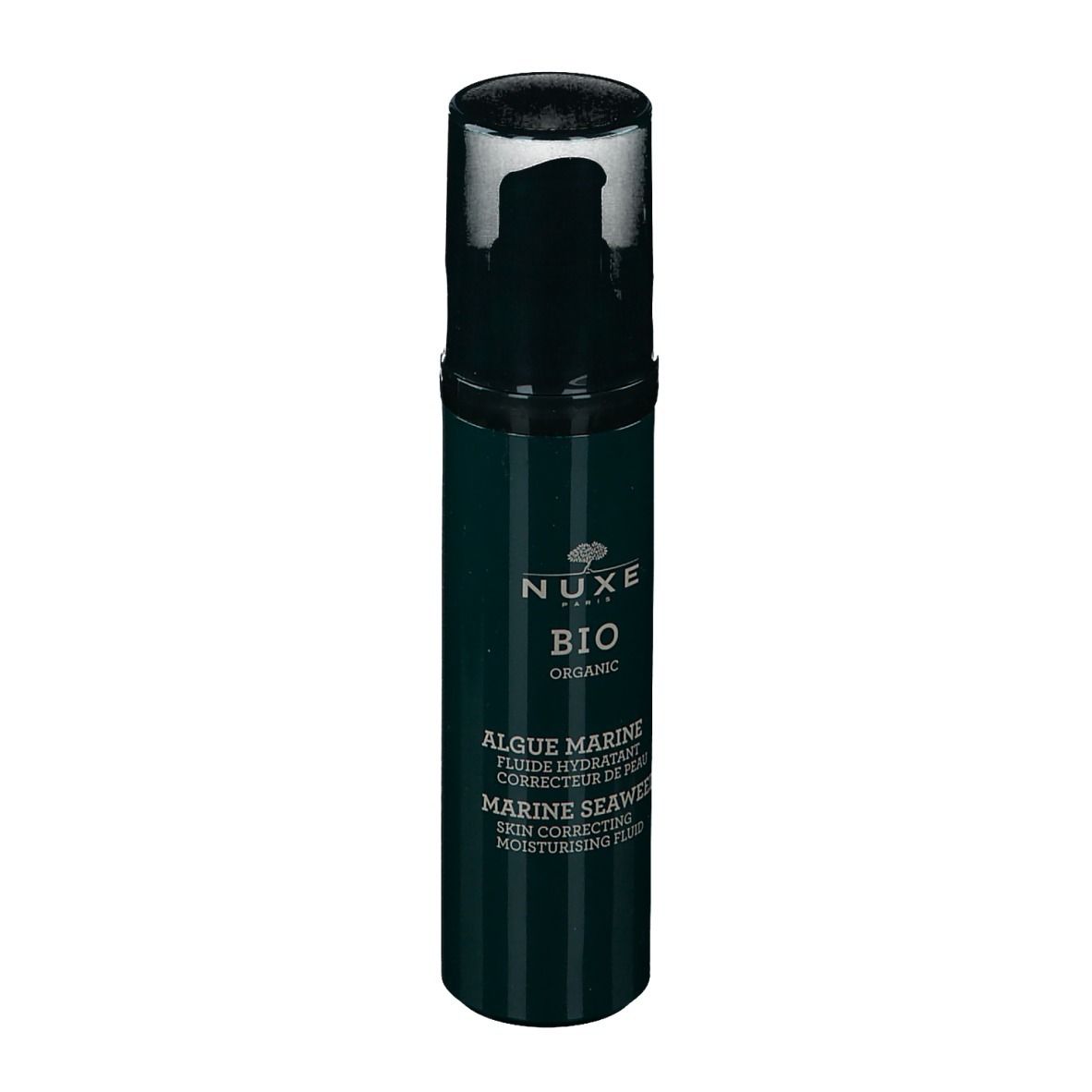 Flacon vert avec pompe noire. Inscription: NUXE BIO, Algue Marine, Marine Seaweed.