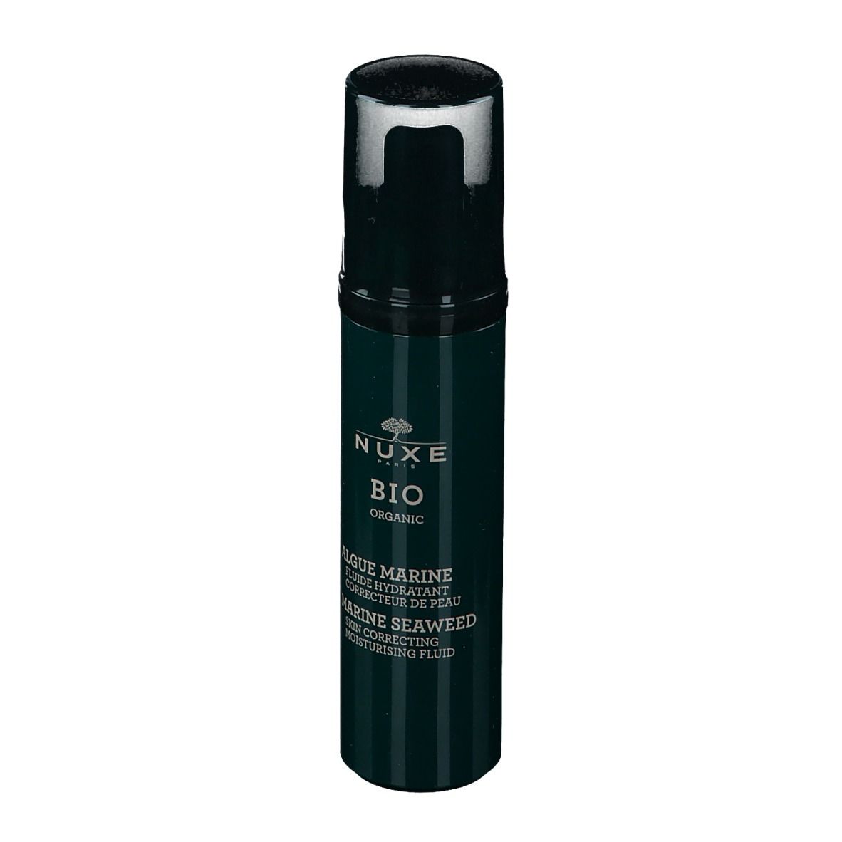 Flacon vert avec pompe noire. Inscription: NUXE BIO, Algue Marine, Marine Seaweed.