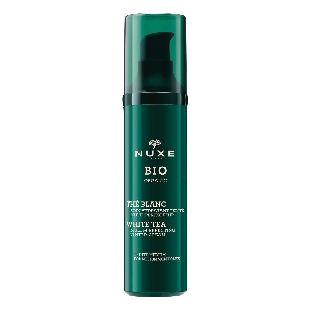Grüne Flasche mit Pumpe. Aufschrift: NUXE BIO, Thé Blanc, White Tea, getönte Creme. Für mittlere Hauttöne.