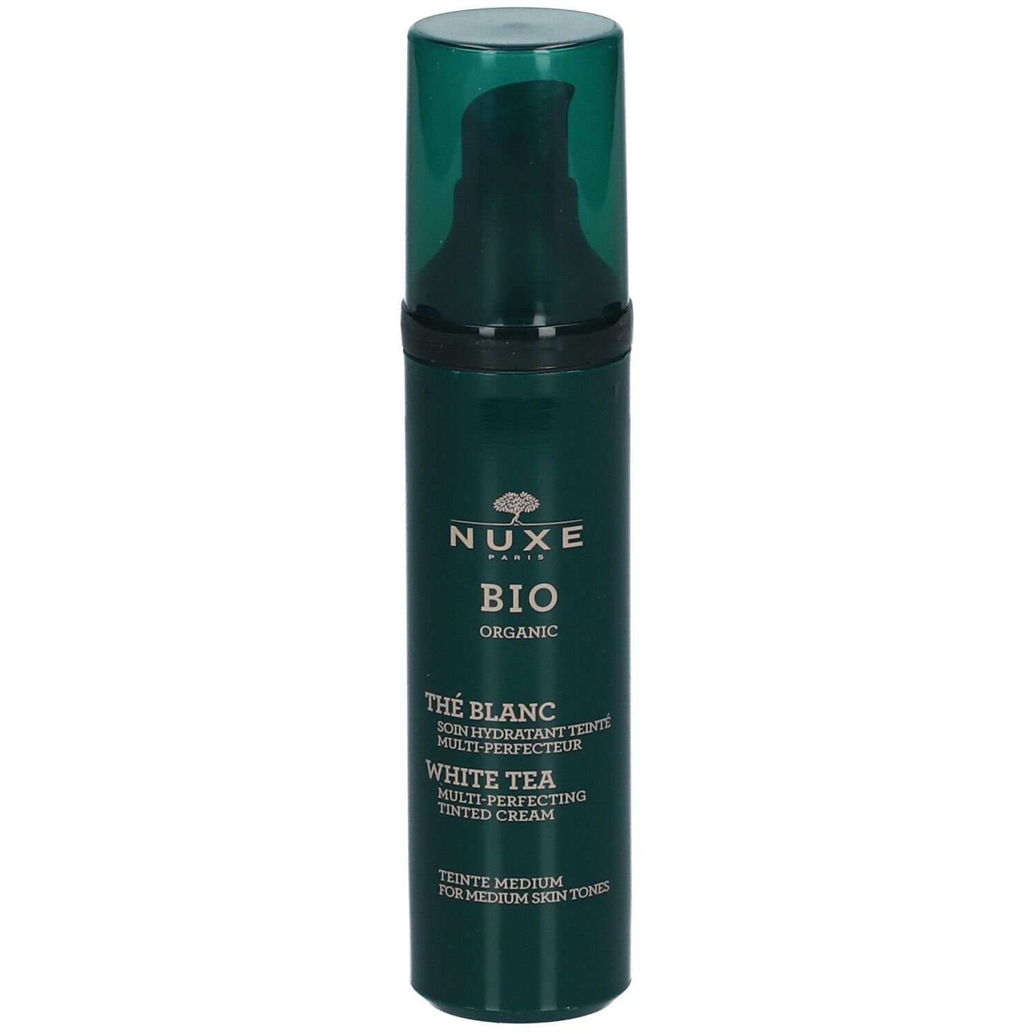 Grüne Flasche mit Pumpe. Aufschrift: NUXE BIO, Thé Blanc, White Tea, getönte Creme. Für mittlere Hauttöne.
