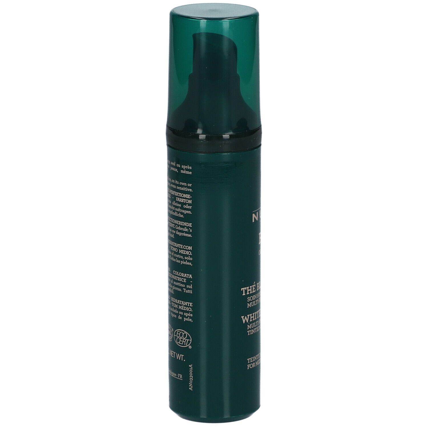 Grüne Flasche mit Pumpe. Aufschrift: NUXE BIO, Thé Blanc, White Tea, getönte Creme. Für mittlere Hauttöne.