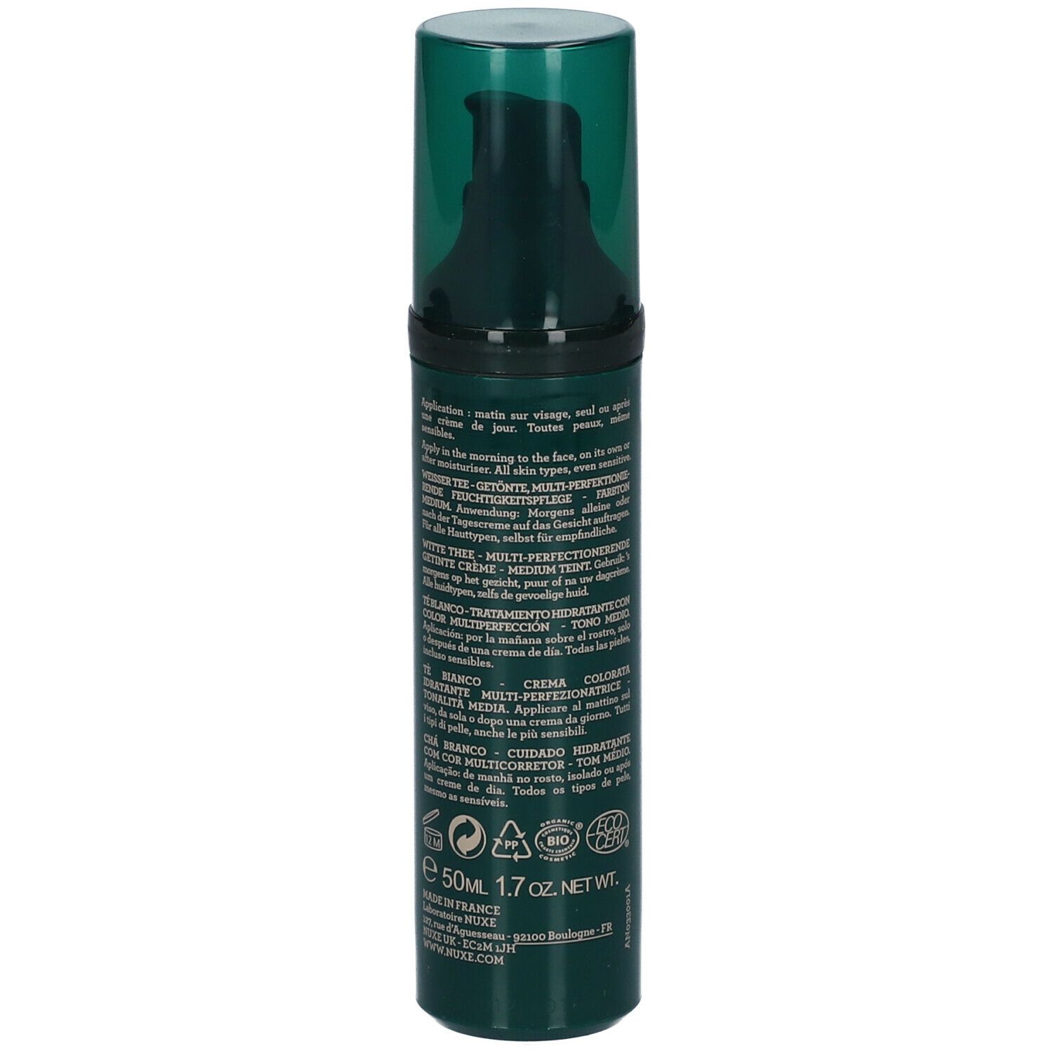 Grüne Flasche mit Pumpe. Aufschrift: NUXE BIO, Thé Blanc, White Tea, getönte Creme. Für mittlere Hauttöne. Mit Zertifizierungen.