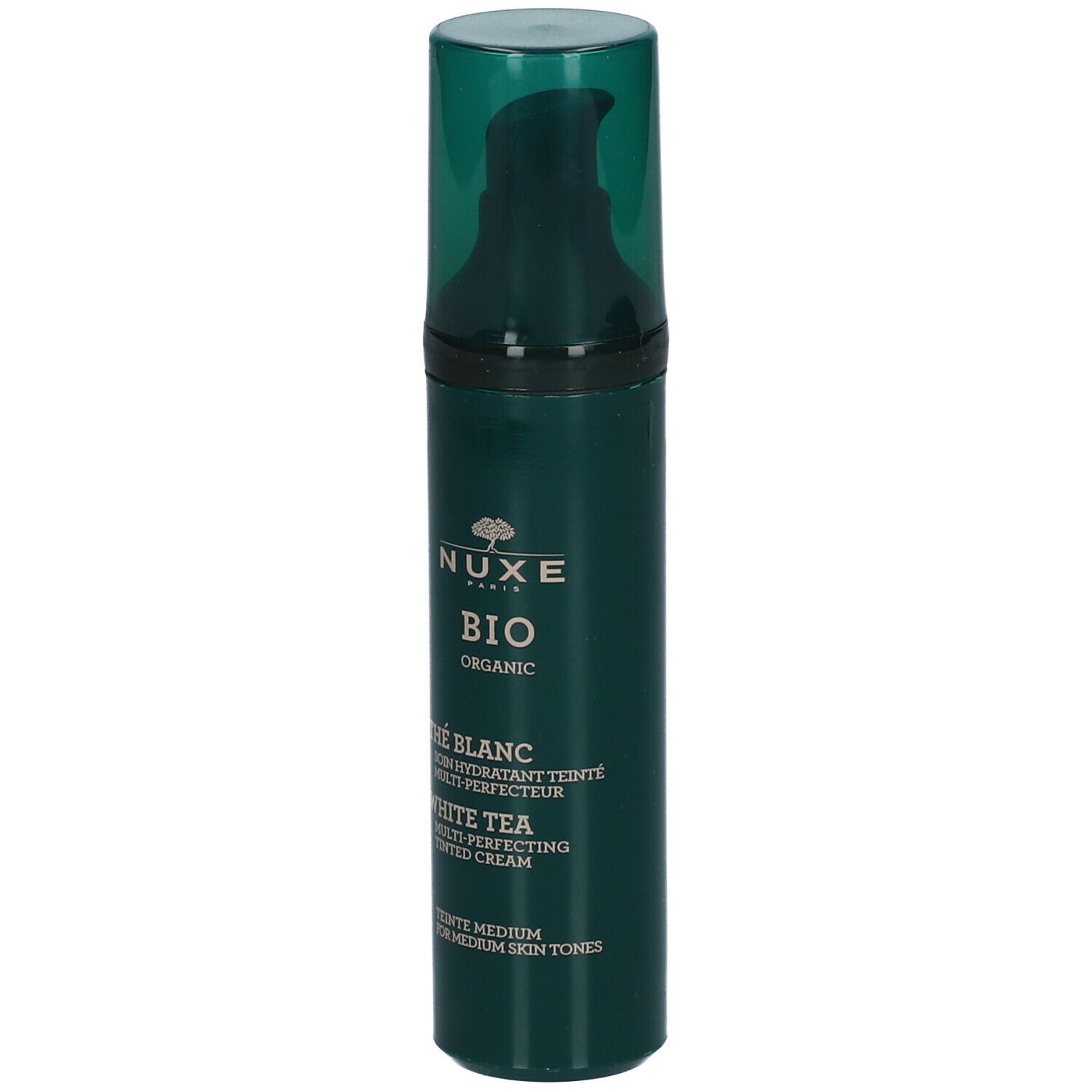 Grüne Flasche mit Pumpe. Aufschrift: NUXE BIO, Thé Blanc, White Tea, getönte Creme. Für mittlere Hauttöne.