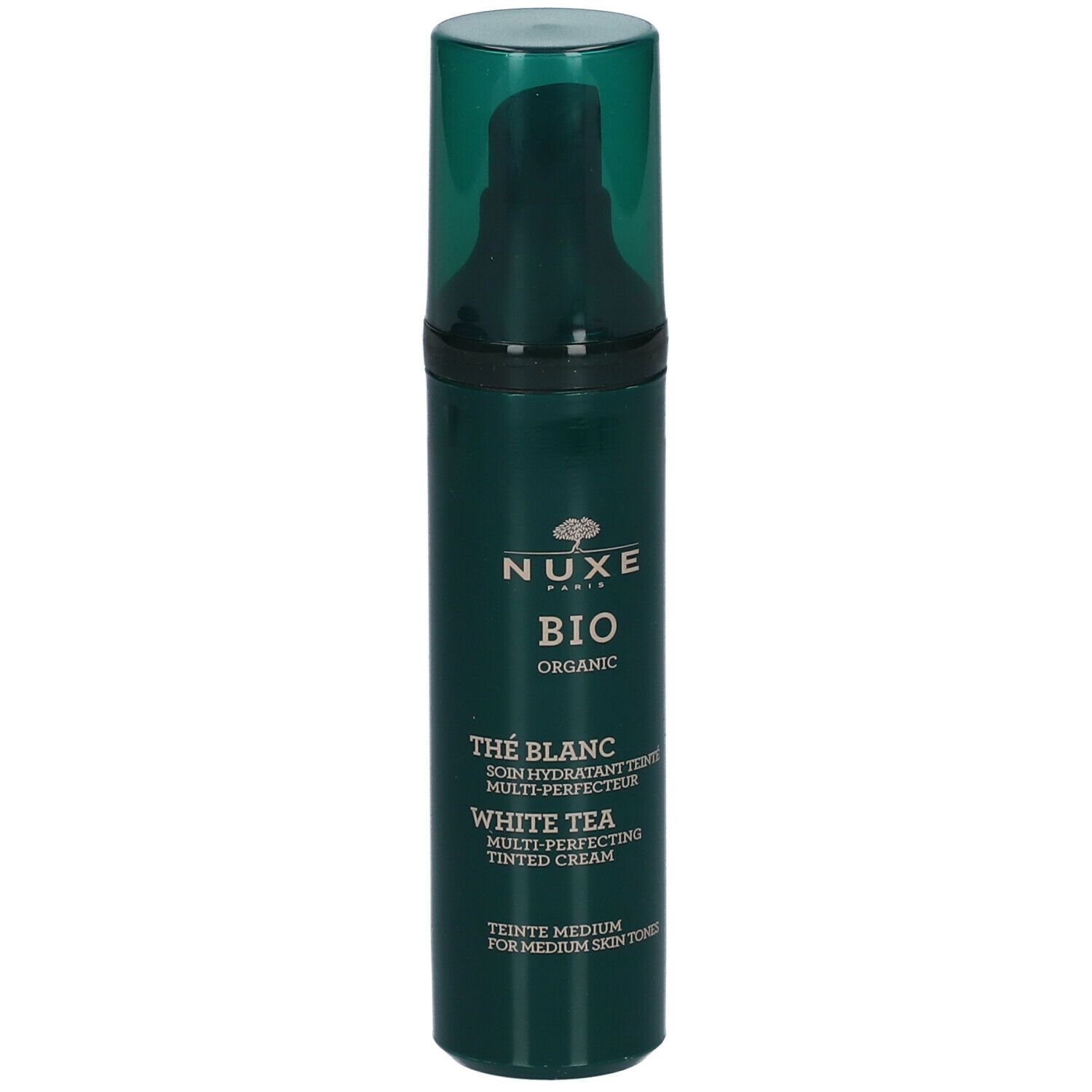 Grüne Flasche mit Pumpe. Aufschrift: NUXE BIO, Thé Blanc, White Tea, getönte Creme. Für mittlere Hauttöne.