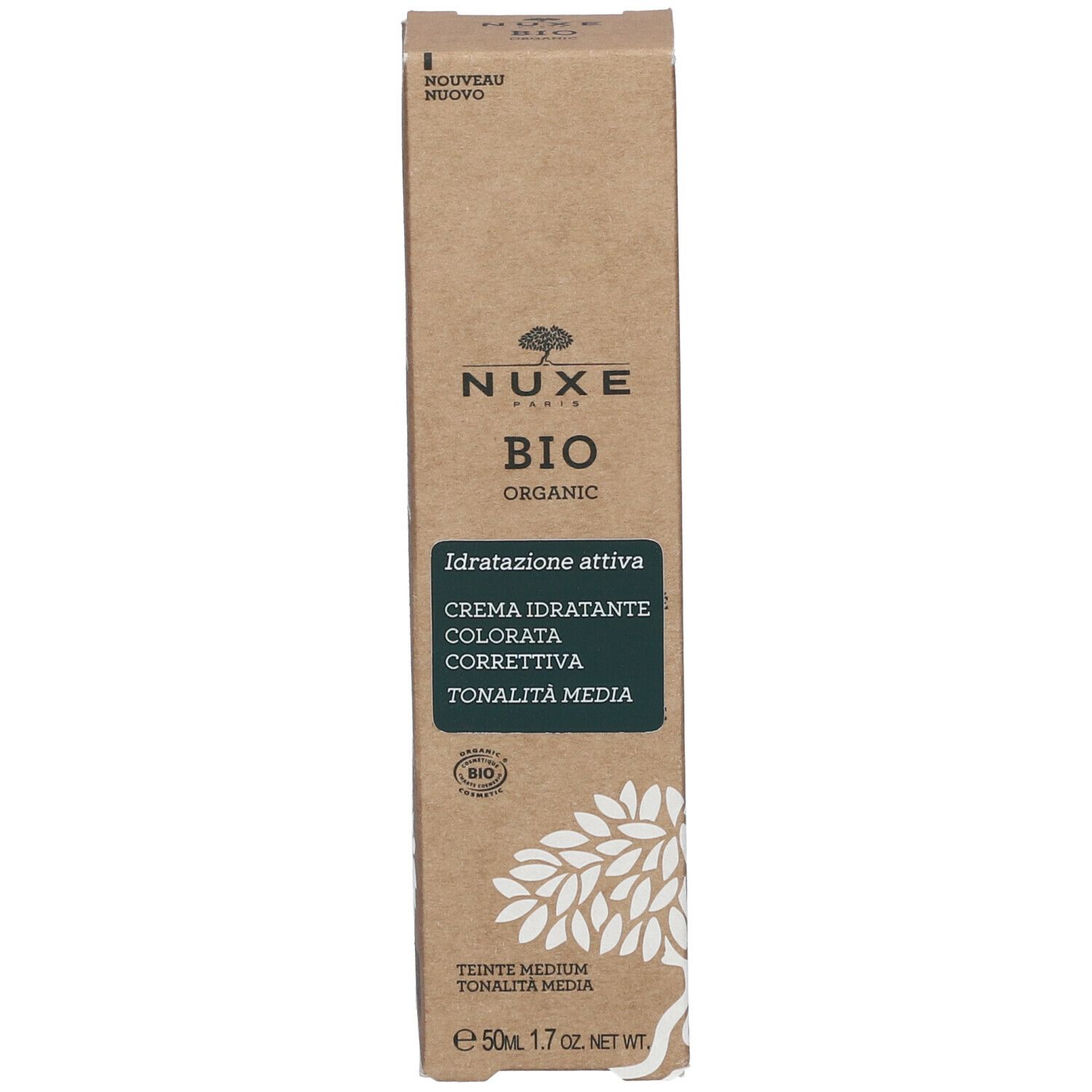 Verpackung. Aufschrift: NUXE BIO, Thé Blanc, White Tea, getönte Creme. Für mittlere Hauttöne. Mit Zertifizierungen.