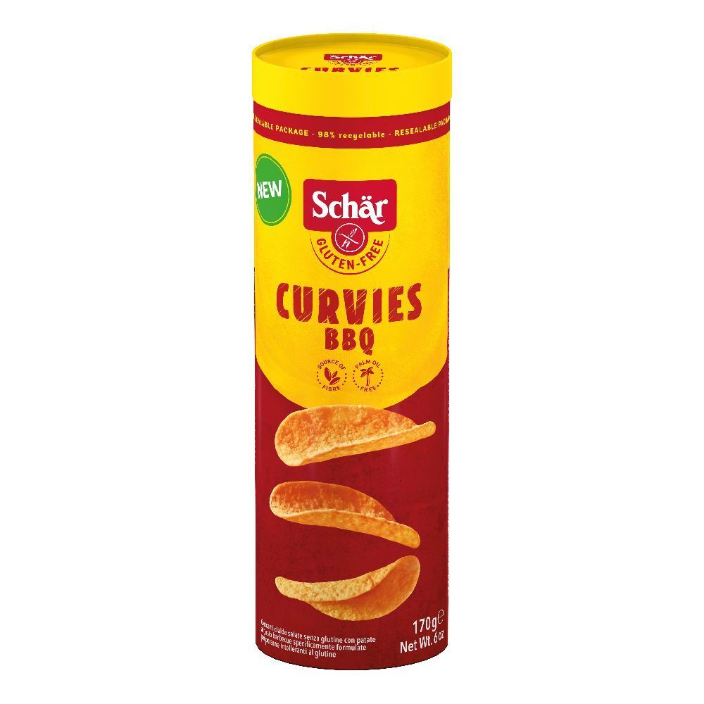 Confezione cilindrica Schär Curvies BBQ. Senza glutine. Giallo e rosso. Illustrazione patatine. 170g.