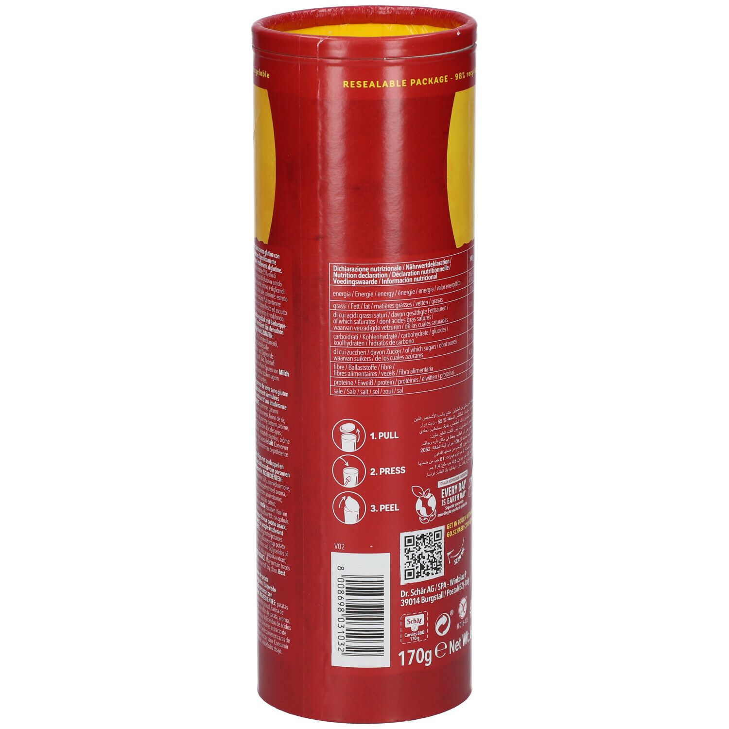 Confezione cilindrica Schär Curvies BBQ. Senza glutine. Giallo e rosso. Istruzioni per l'uso. 170g.