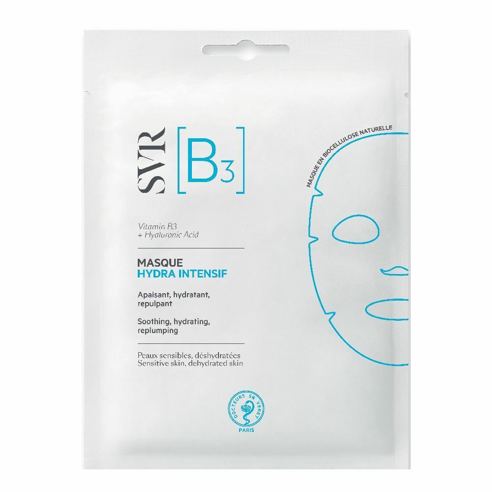 Confezione bianca con logo SVR [B3] e informazioni sul prodotto. Schizzo di viso blu. Testo: Masque Hydra Intensif.