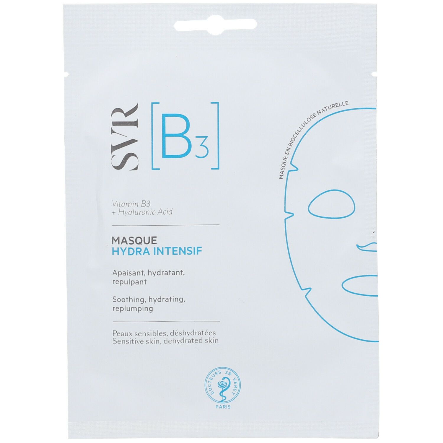 Confezione bianca con logo SVR [B3] e informazioni sul prodotto. Schizzo di viso blu. Testo: Masque Hydra Intensif.