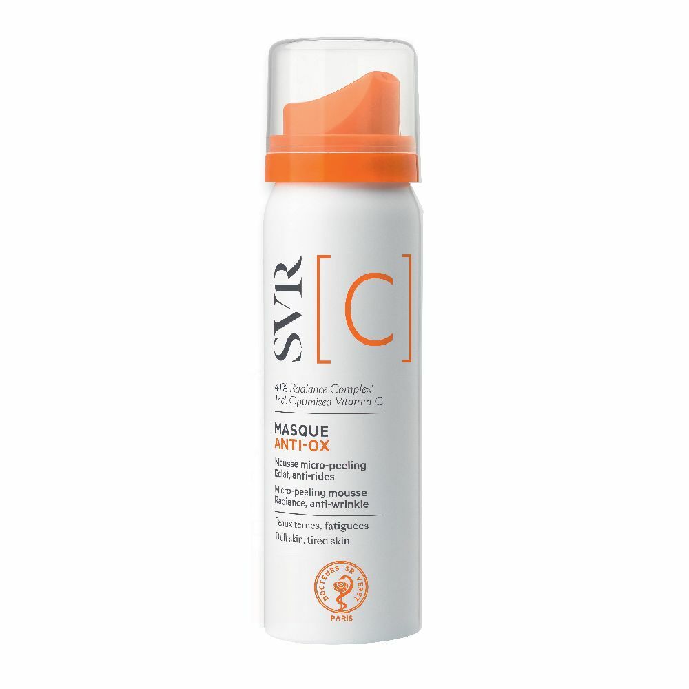 Flacone spray bianco-arancione con logo SVR e nome del prodotto. Contiene vitamina C. Con erogatore.