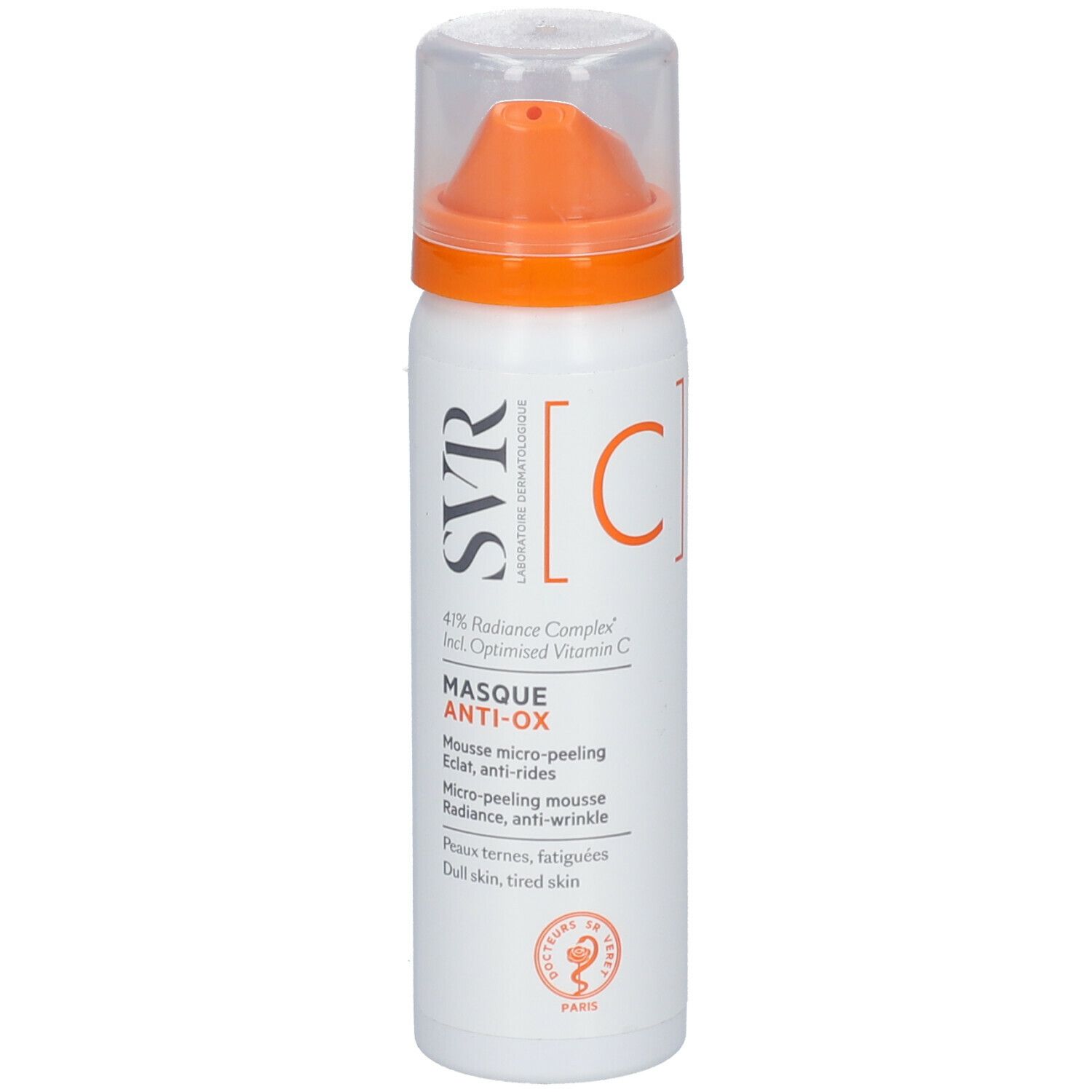 Flacone spray bianco-arancione con logo SVR e nome del prodotto. Contiene vitamina C. Con erogatore.