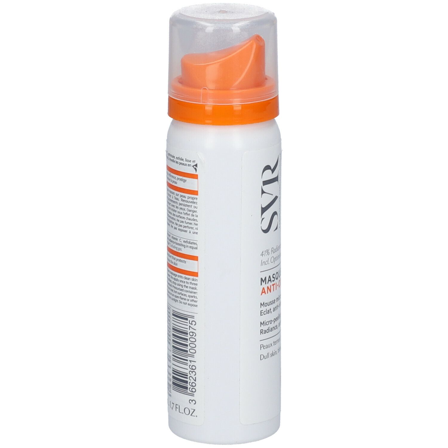 Flacone spray bianco-arancione con logo SVR e nome del prodotto. Contiene vitamina C. Con erogatore.