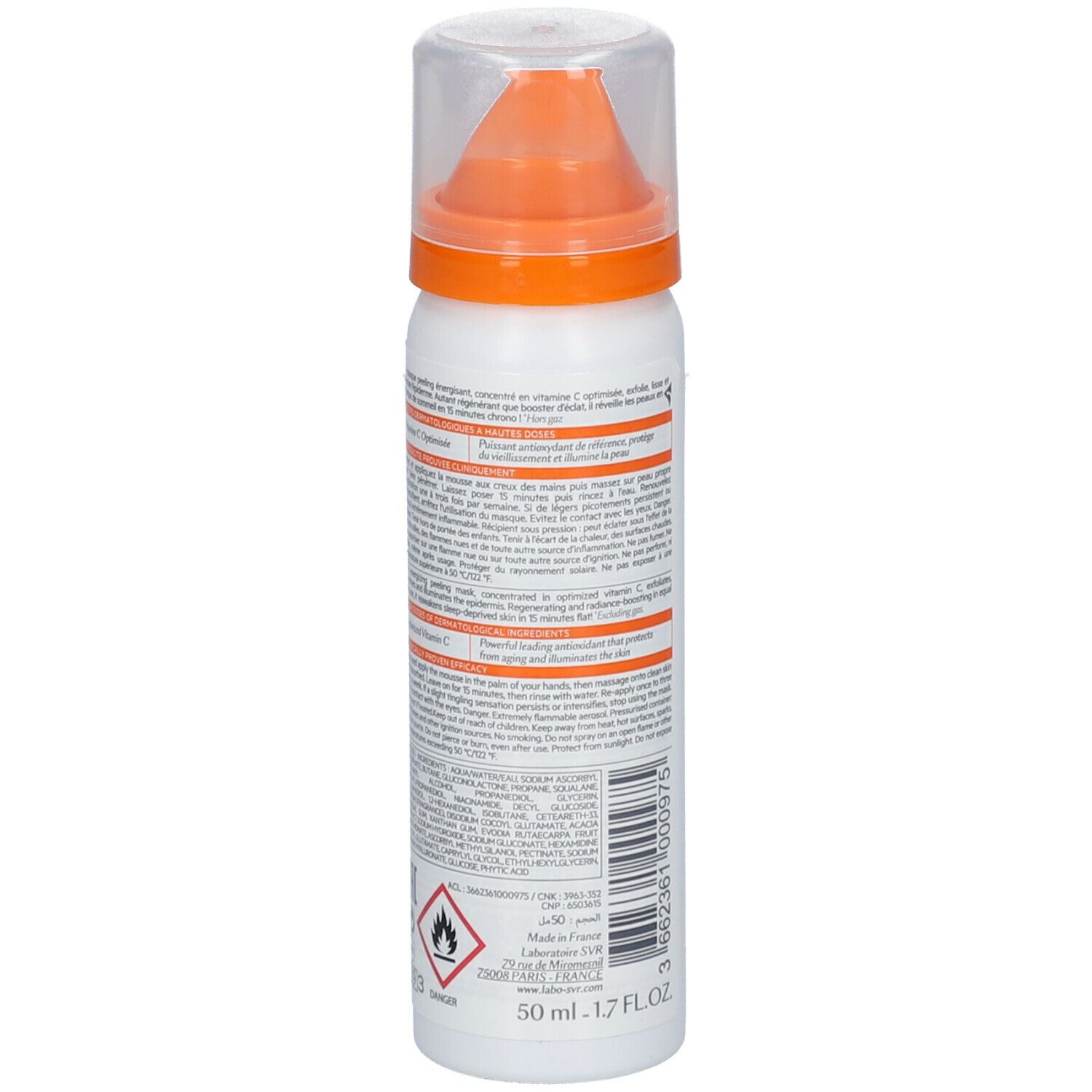 Flacone spray bianco-arancione con logo SVR e nome del prodotto. Contiene vitamina C. Con erogatore.