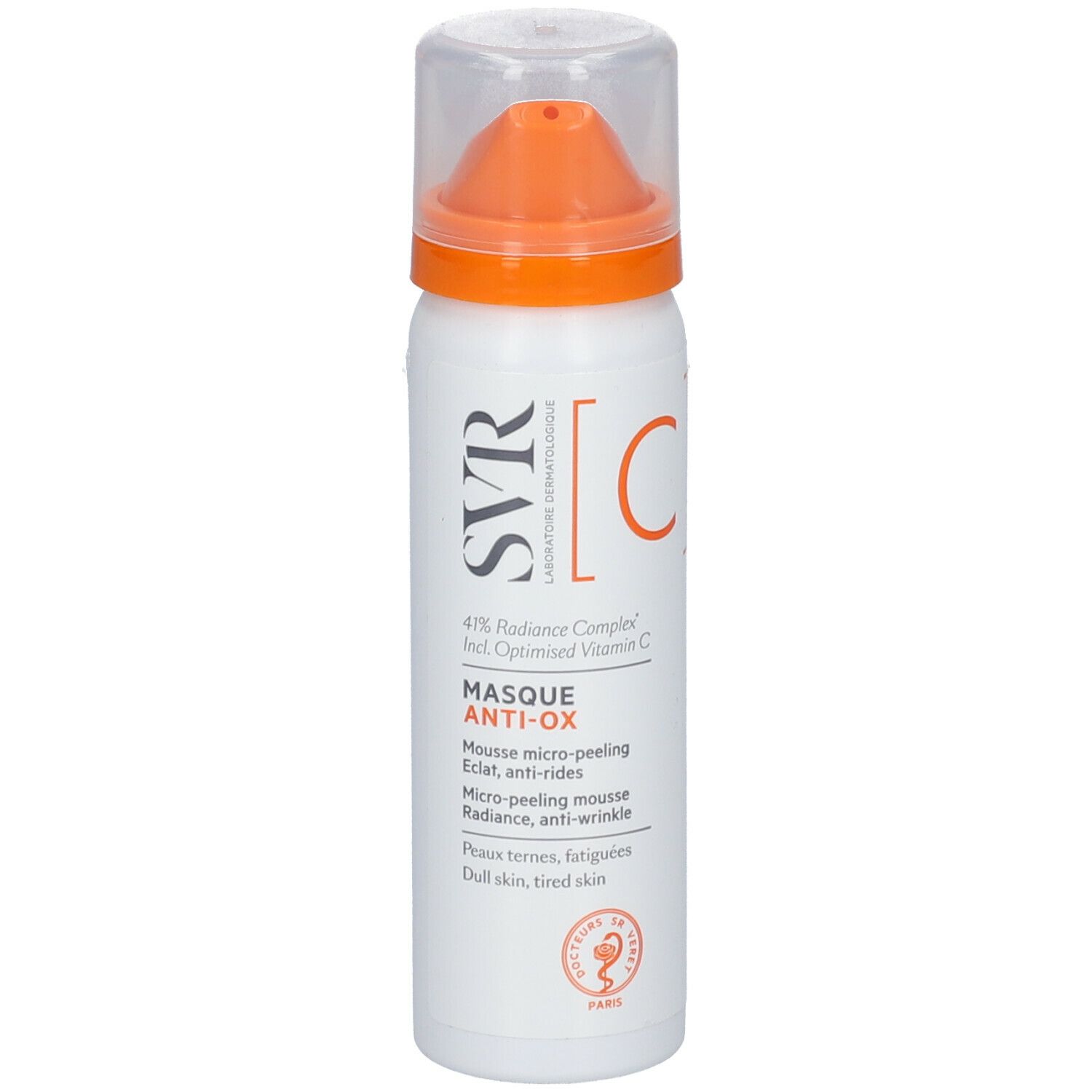 Flacone spray bianco-arancione con logo SVR e nome del prodotto. Contiene vitamina C. Con erogatore.