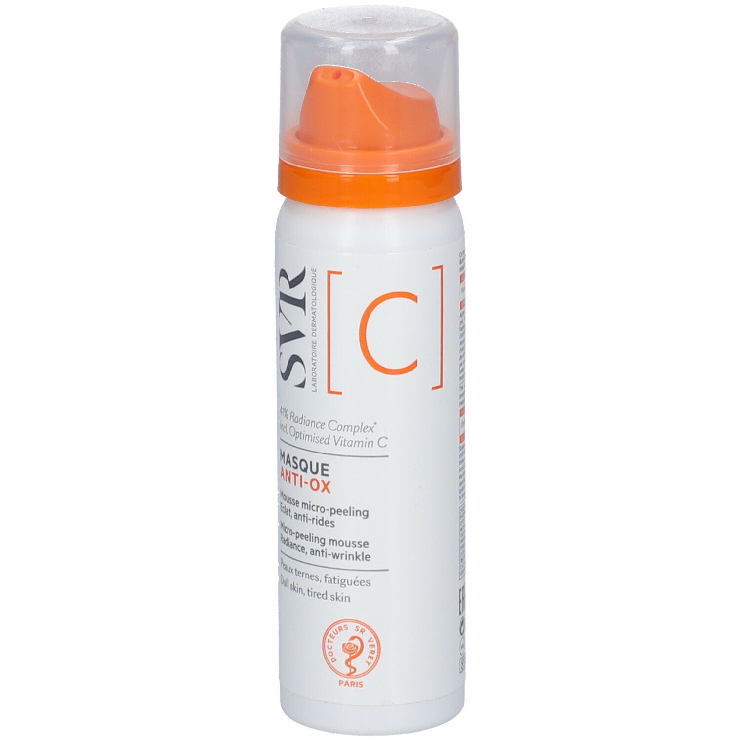 Flacone spray bianco-arancione con logo SVR e nome del prodotto. Contiene vitamina C. Con erogatore.