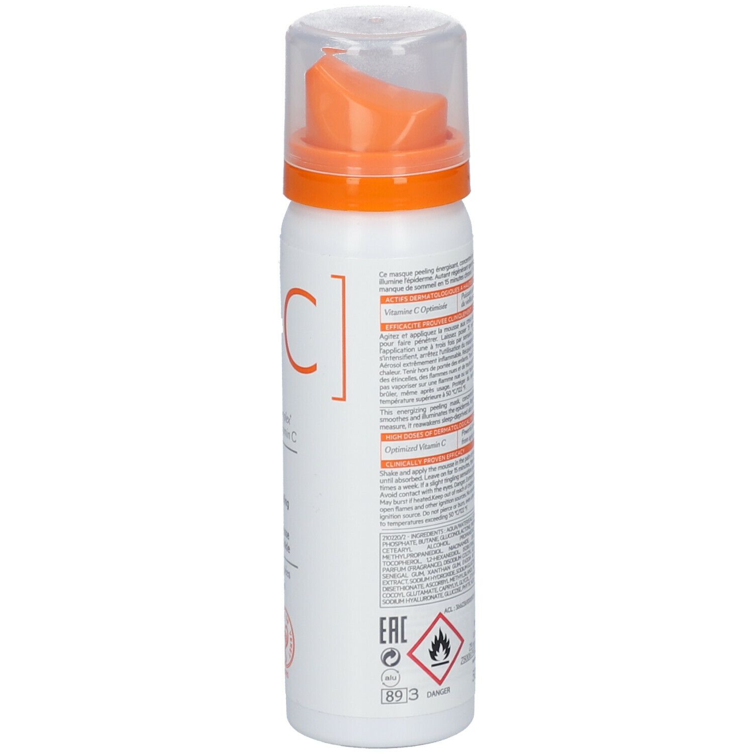 Flacone spray bianco-arancione con logo SVR e nome del prodotto. Contiene vitamina C. Con erogatore.