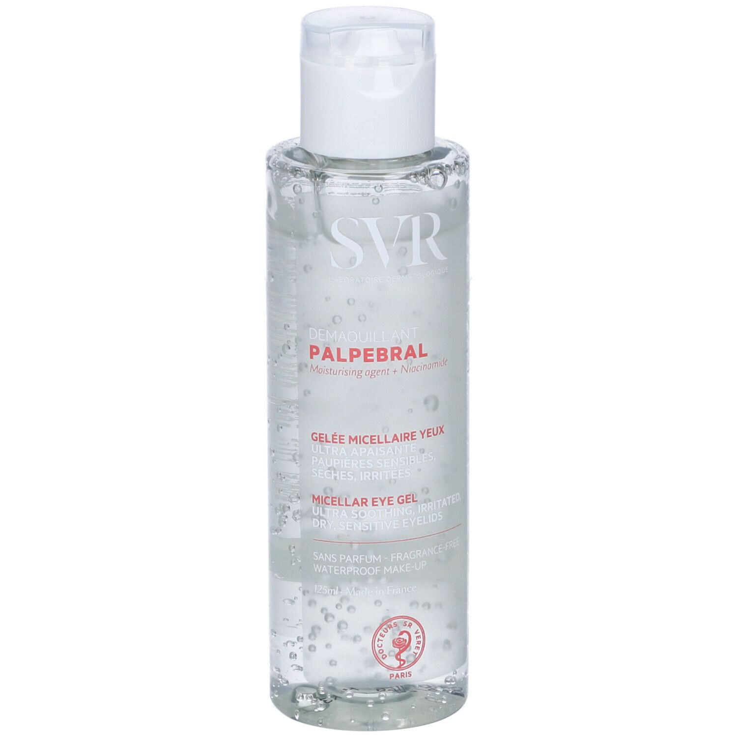 SVR Palpébral by Topialyse. Flacone trasparente con tappo bianco. Nome del prodotto e ingredienti stampati.