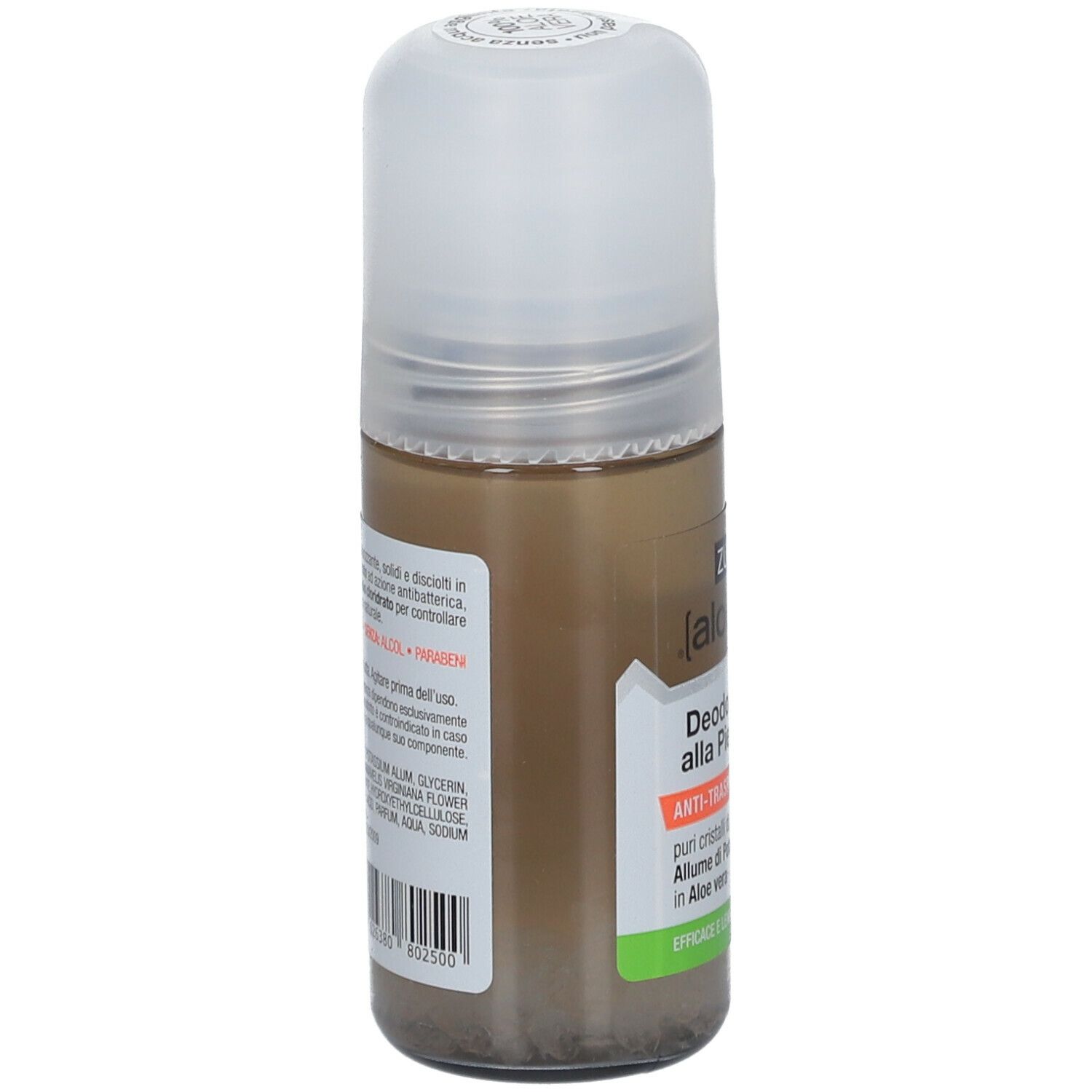 Deodorante roll-on con tappo. Scritta: ZUCCARI aloe vera, Deodorante 72H alla Pietra Solida. Testo sul retro.